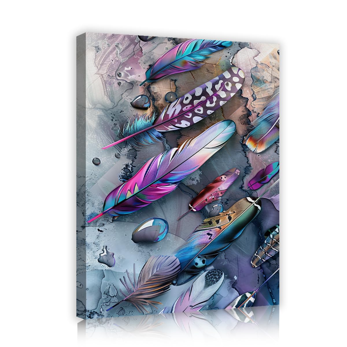 TOANGWALL Boho Feather Abstract Framed Canvas Wall Art Living Room Colorful Purple Teal Plume Spotted Leopard Pattern Poster Prints for Bedroom Teen Room Decor 80x95cm
