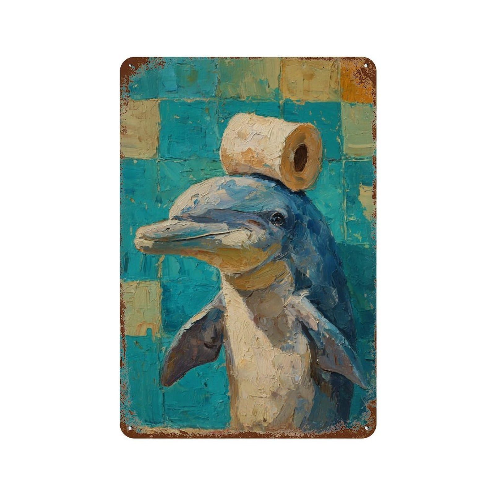 Dolphin with Toilet Paper on Head Vintage Wall Sign 11.8"x7.9", Rust Effect Metal Decor for Office, Studio And Wall Decor