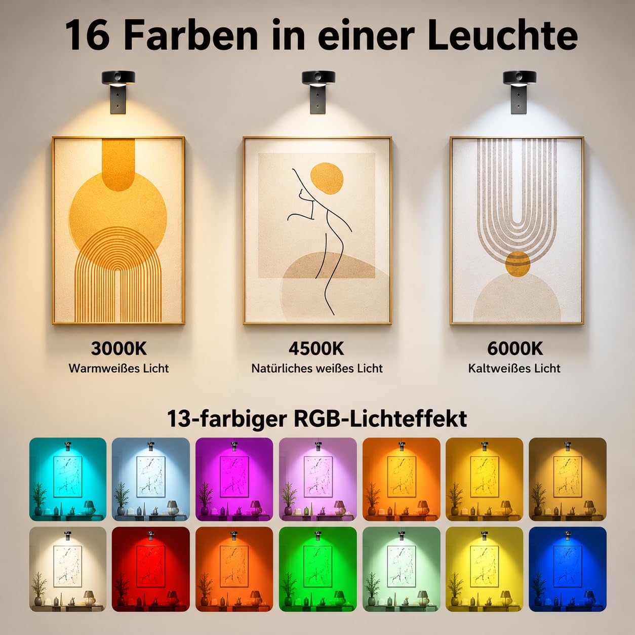 Starxing Kabellose Bildleuchte 3Pack, 2000mAh Wiederaufladbare Bilderleuchten, 16 RGB LED Licht Dimmbar, Dart Lampe Fernbedienung für Wanddekoration (Schwarz)