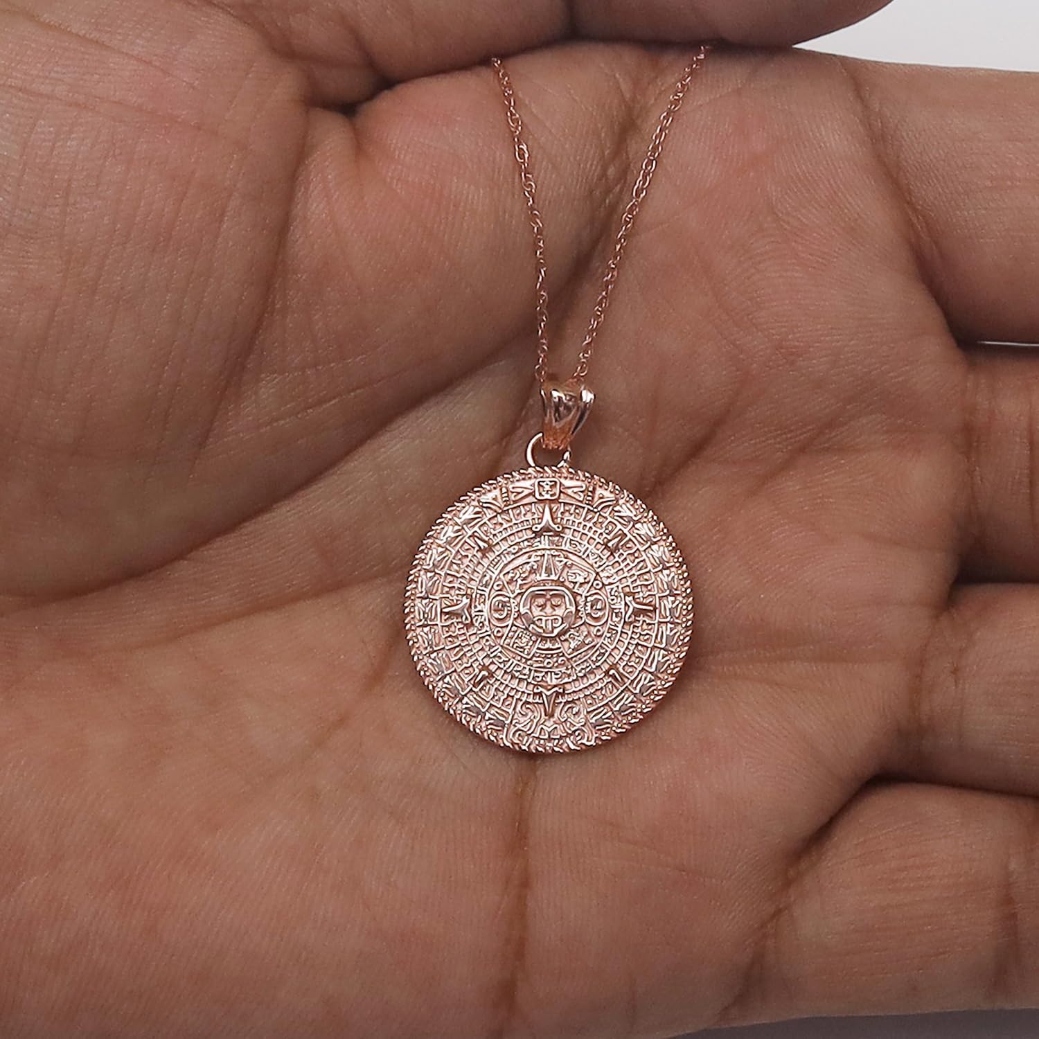 Aztec Mayan Sun Calendar Charm Pendant Necklace for Men and Women 14K Gold Plated 925 Sterling Silver Medallion Pendant Necklace with 18-Inch Rope chain - Image 6
