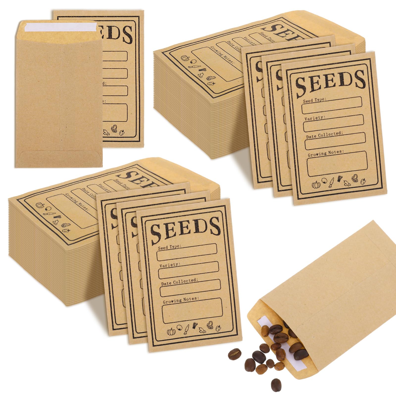 100 Pcs Small Seed Envelopes, 3.2x4.8 Inch Small Brown Envelopes, Seed Packets Envelope with Printing, Sealing Kraft Seed Packets Envelope for Garden Flower Vegetable Seeds Collection Storage