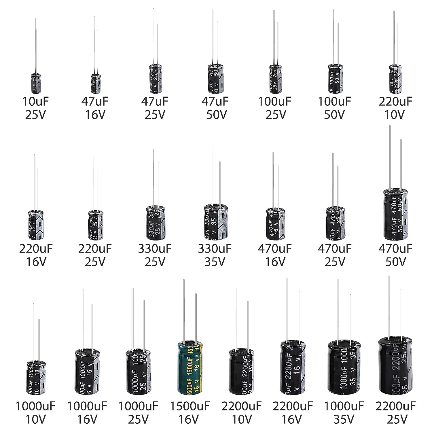 YIXISI 148 Sztuk 22 Wartości Zakres 10uF-2200uF 10V 16V 25V 35V 50V Zestaw Kondensatorów Elektrolitycznych, Aluminiowe Kondensatory Elektrolityczne, do Telewizora, Monitora LCD, Radia, Stereo, Gier