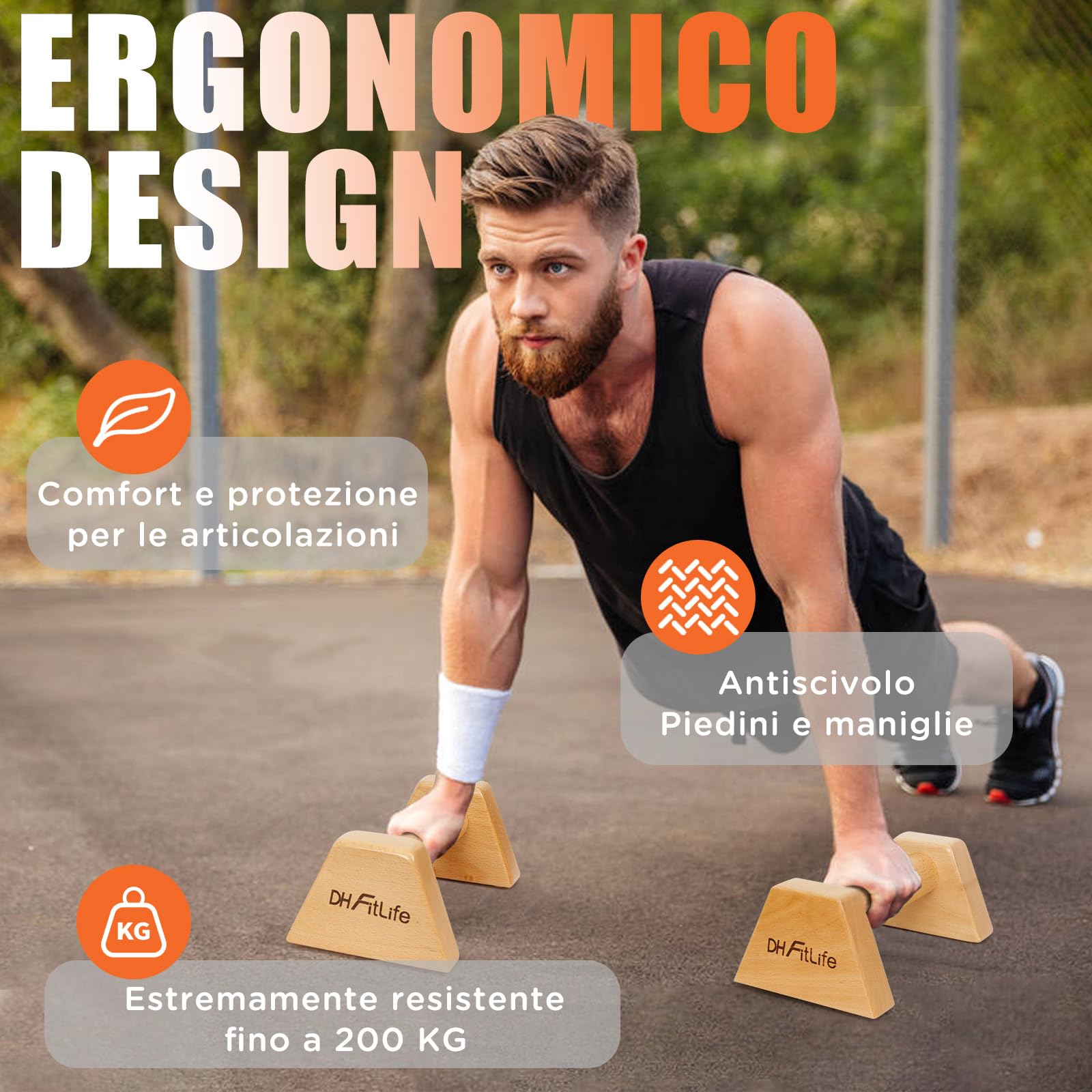 DH FitLife Parallele Calisthenics in Legno – 2x Maniglie Antiscivolo per Flessioni | Parallele Basse | Parallettes | Push-Up Bars | Attrezzatura Calisthenics per Forza | Fitness per Interni & Esterni