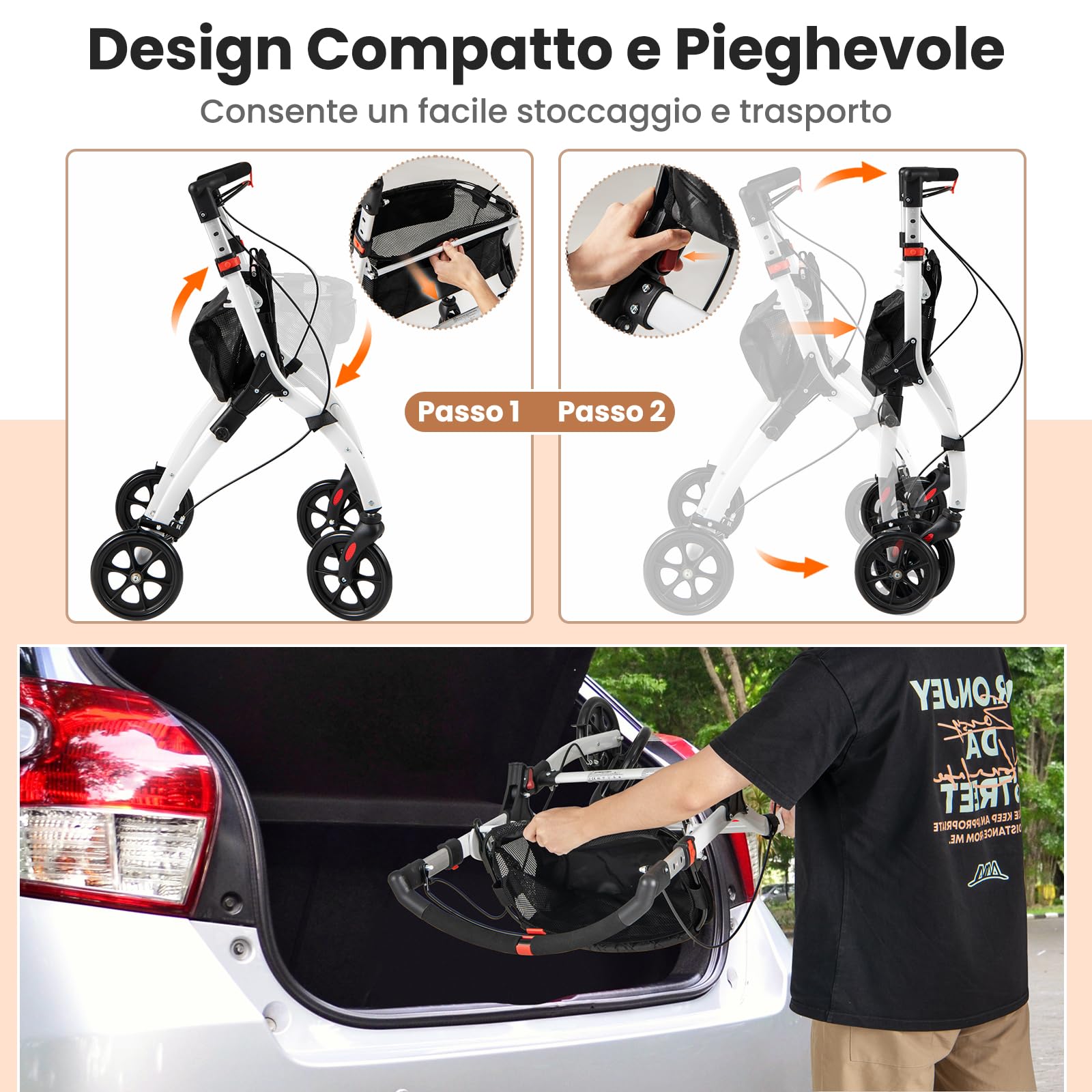COSTWAY Deambulatore Sedia a Rotelle Pieghevole, Deambulatore per Anziani Leggero con Vassoio, Cesto, 4 Ruote e Freni, Deambulatore Regolabile in Altezza e Adatto per Spazi Stretti
