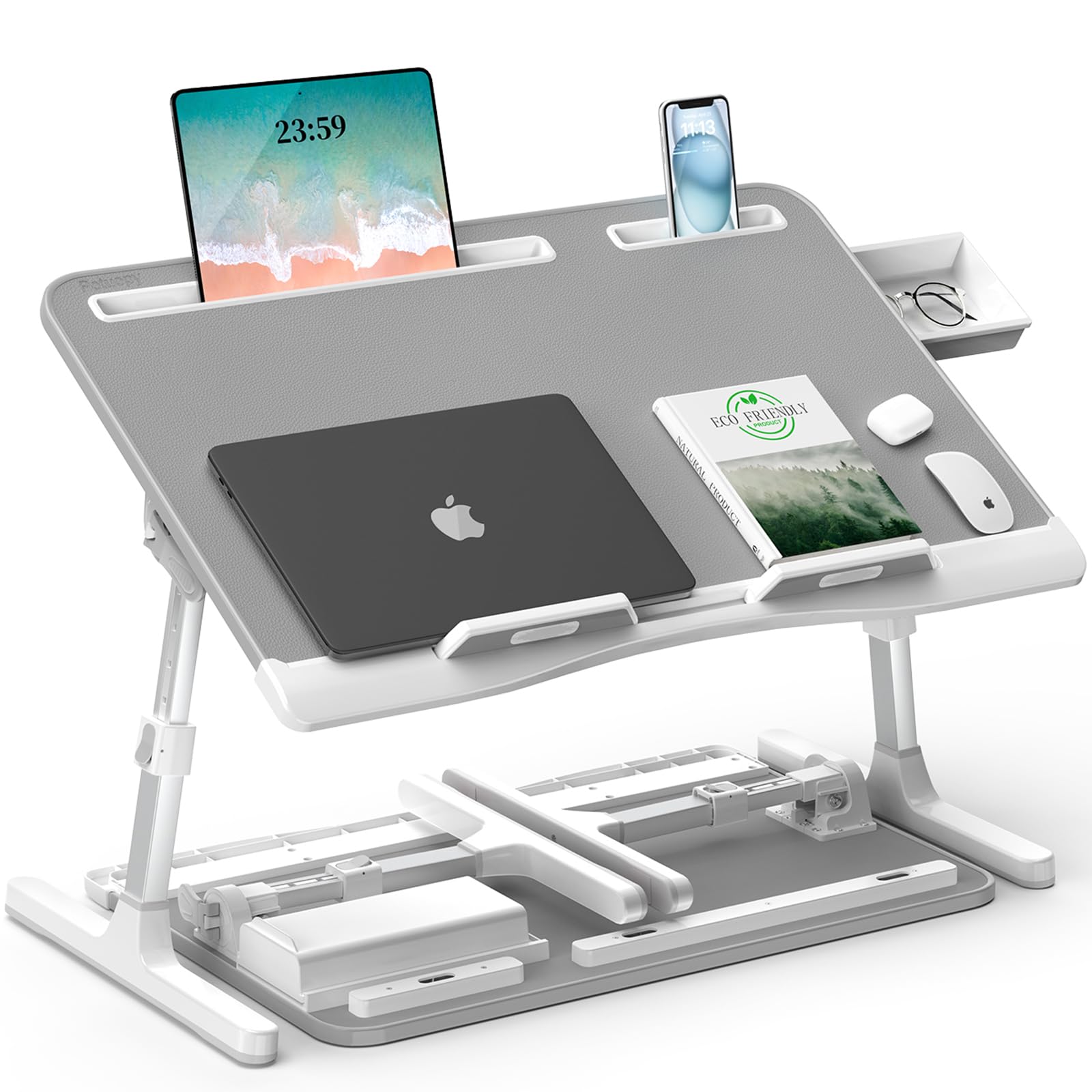 Potuopy Tavolino da Letto, Tavolino Porta PC Angolare Regolabile in Altezza in Pelle, Vassoio da Letto Pieghevole X-Large per Lavorare, Leggere e sul Pavimento del Divano Letto (Grigio, 60 * 40cm)