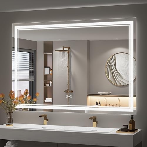 Miniatura 44 de OKPAL 50x30 Espejo de baño LED con marco negro, espejo iluminado para tocador de baño, iluminación frontal y trasera, regulable, antivaho, 3 Negro