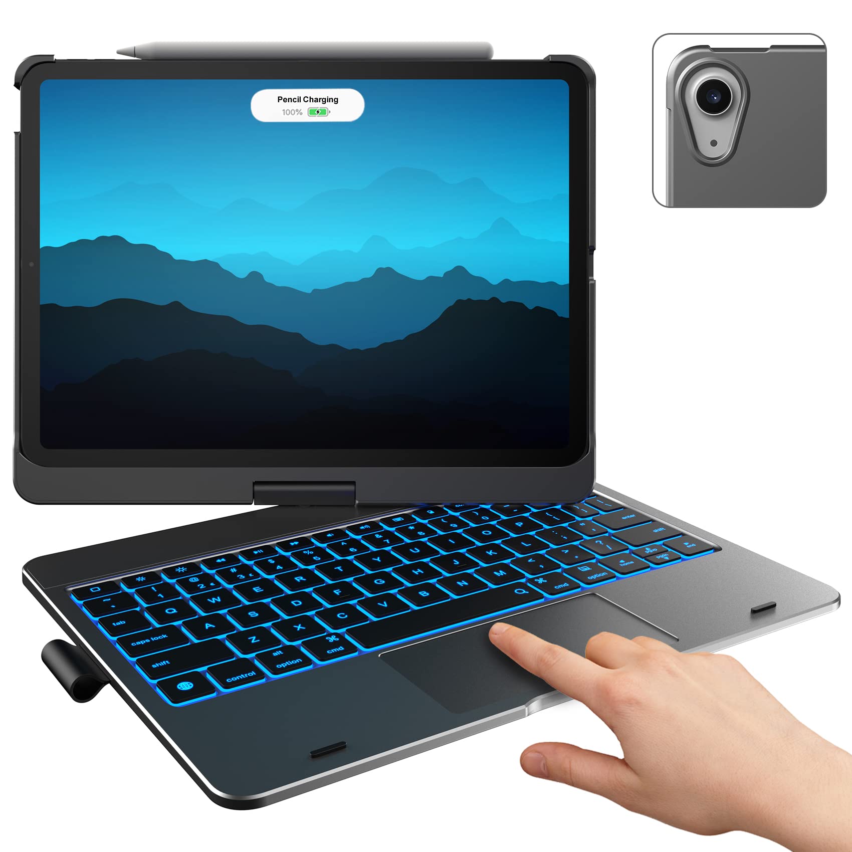 typecsae Touch Case with Keyboard for iPad Air 10.9 inch (2022/2020) - Multi-Touch Trackpad - 360° Rotatable - 10 Colors Backlight - Keyboard with Pen Holder for iPad Air 5th & 4th Gen - Space Gray