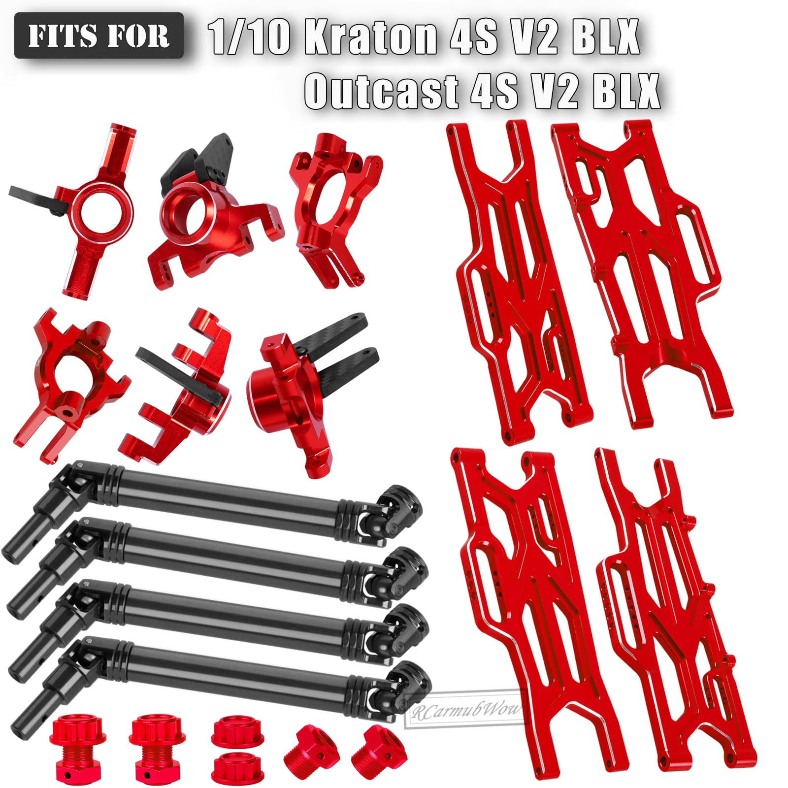 RcarmubWow RC Upgrades Part for 1/10 Kraton 4x4 4S V2 BLX,Outcast 4X4 4S V2 BLX,Steel #45 Driveshafts,Alloy Front Rear Suspension Arms,Steering Blocks,Caster Blocks,Stub Axle Carriers w/Hex,Red