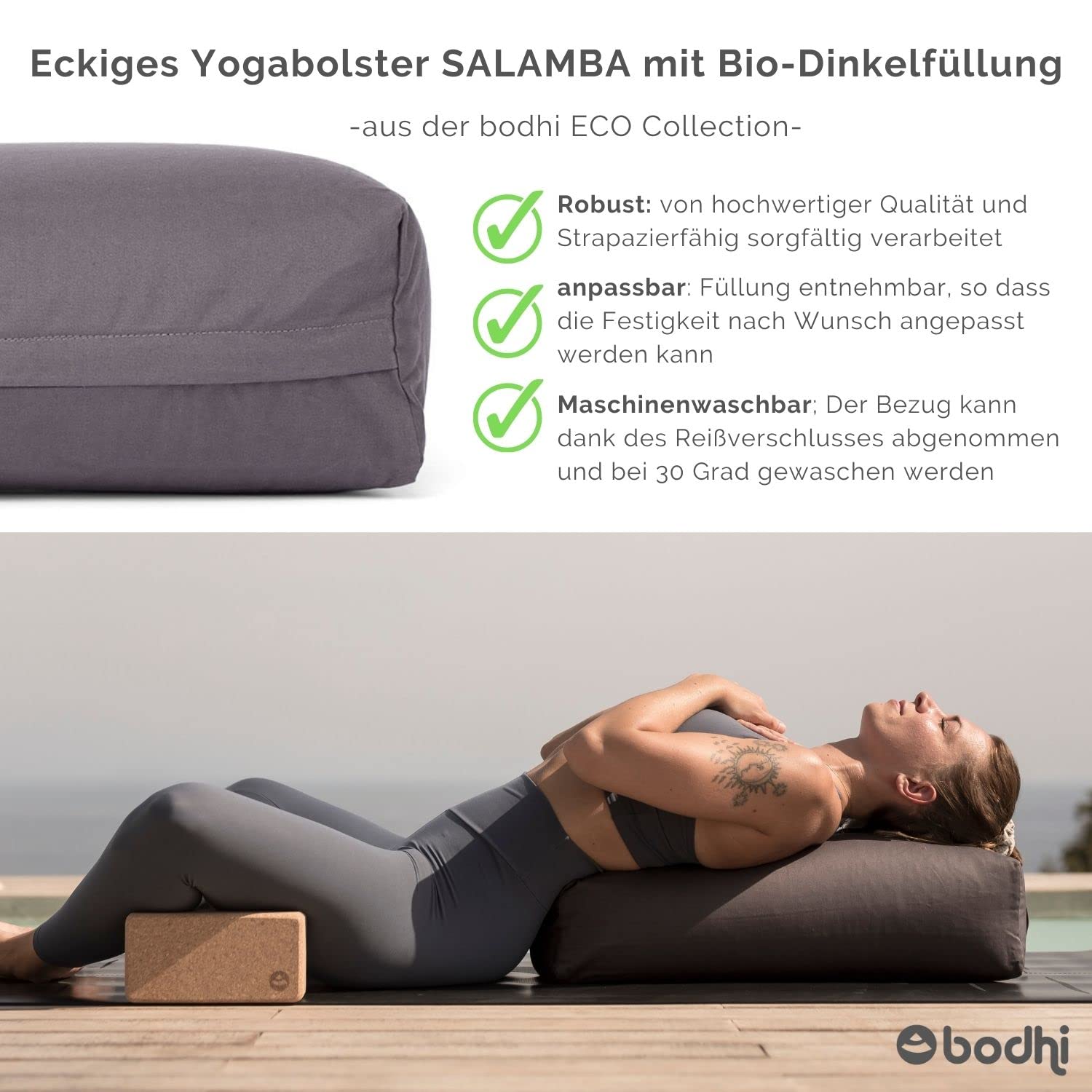 Bodhi Yoga Salamba Bolster Eco | Funda lavable de algodón 100% orgánico | Rollo de yoga rectangular con relleno de espelta orgánica | Cojín de yoga grande | Tamaño 63 x 26 x 20 cm (antracita)