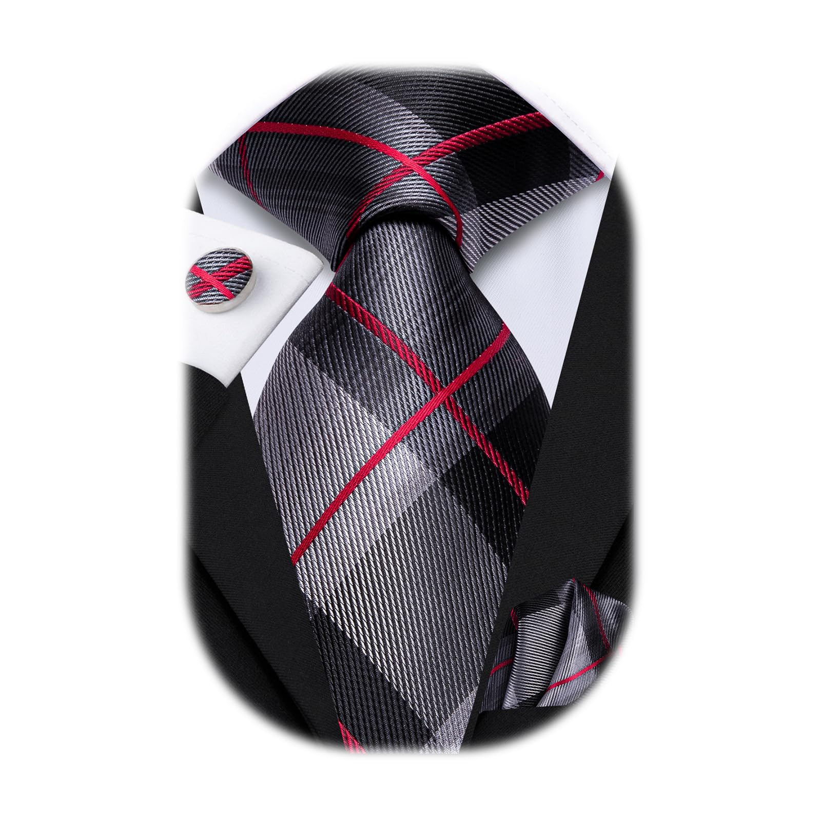 Hi-Tie Mens Plaid Ties Classic Paisley Necktie with Handkerchief Cufflinks Set Business Stripe Tie