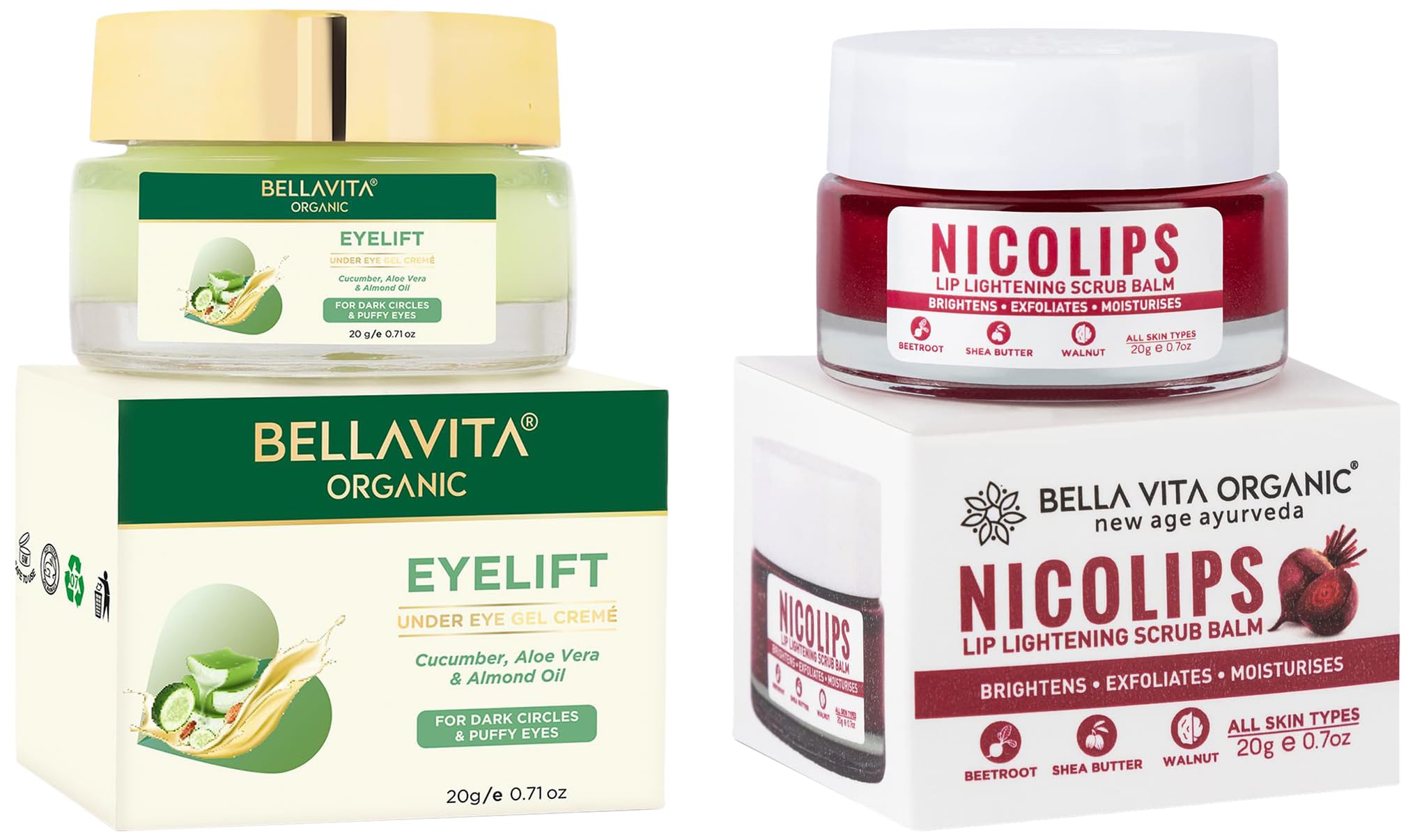 Bella Vita Organic Dark Spots Removal Combo with NicoLips Lip Scrub Balm Brightening Dark Lips for Men and Women (20gm) - Under Eye Cream for Dark Circles for Women & Men with Vitamin E (20gm)