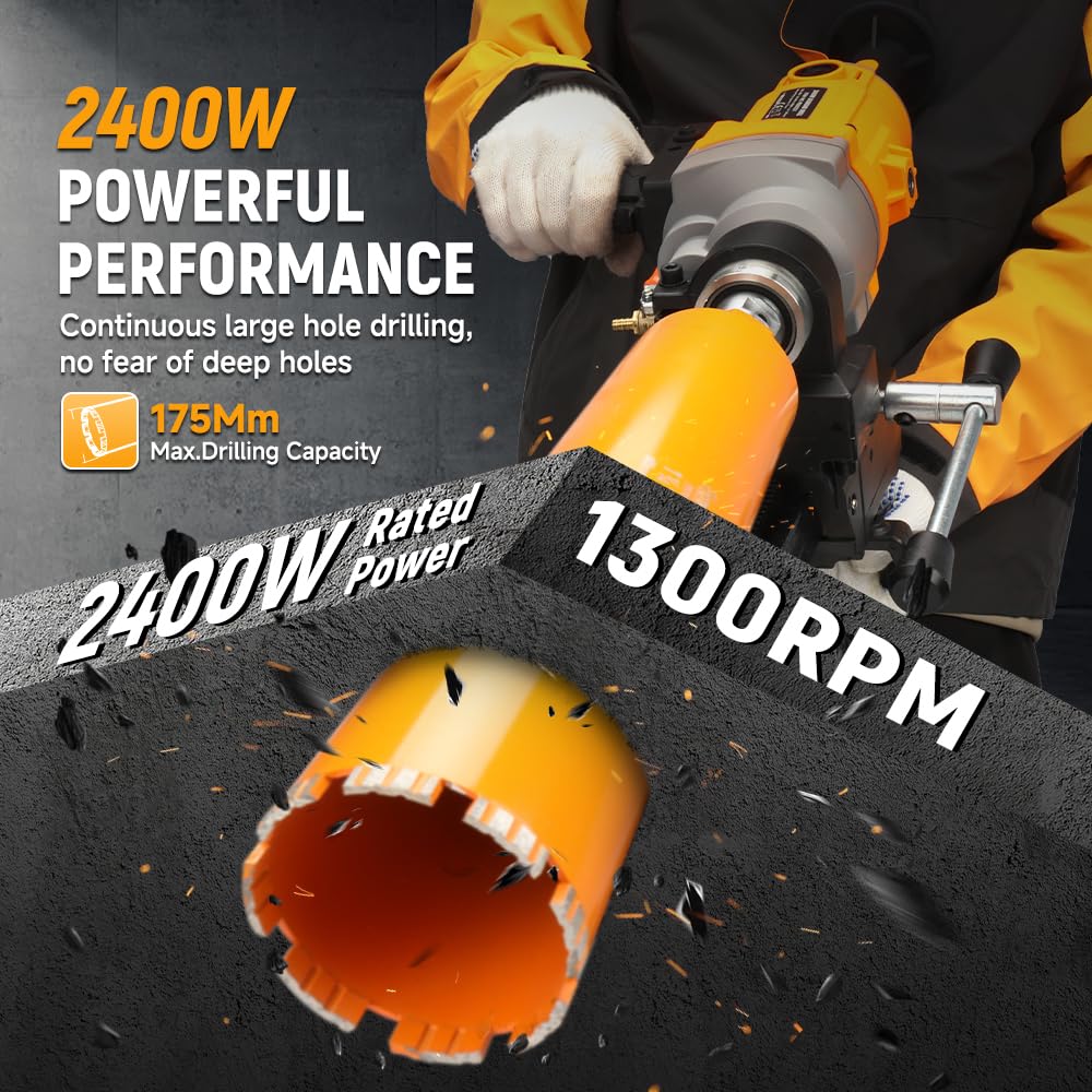 Hoteche 2400W Nass-Kernbohrmaschine | 0-1300RPM Leerlauf, Max. 175mm Bohrfähigkeit