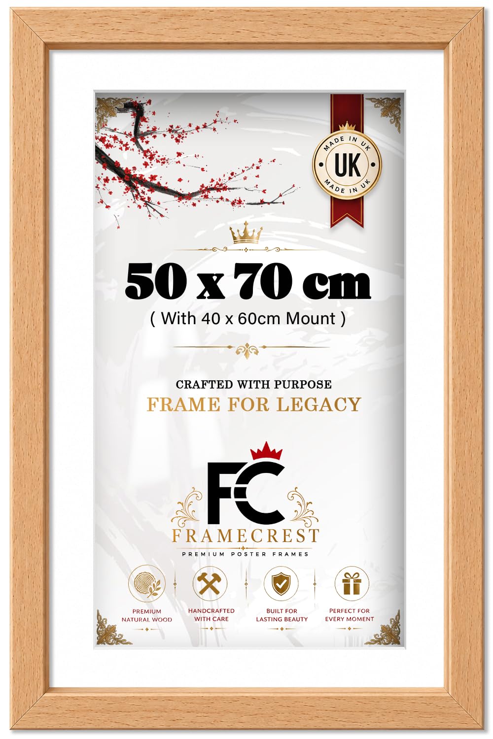 FRAMECREST LTD Rectangle 50x70 Picture Frame (50x70 CM) With 60x40 CM White Mount, Engineered Wood Finish And Hanging Hooks, Portrait Or Landscape Display, 28x20 Inch Wall Art - [Beech]
