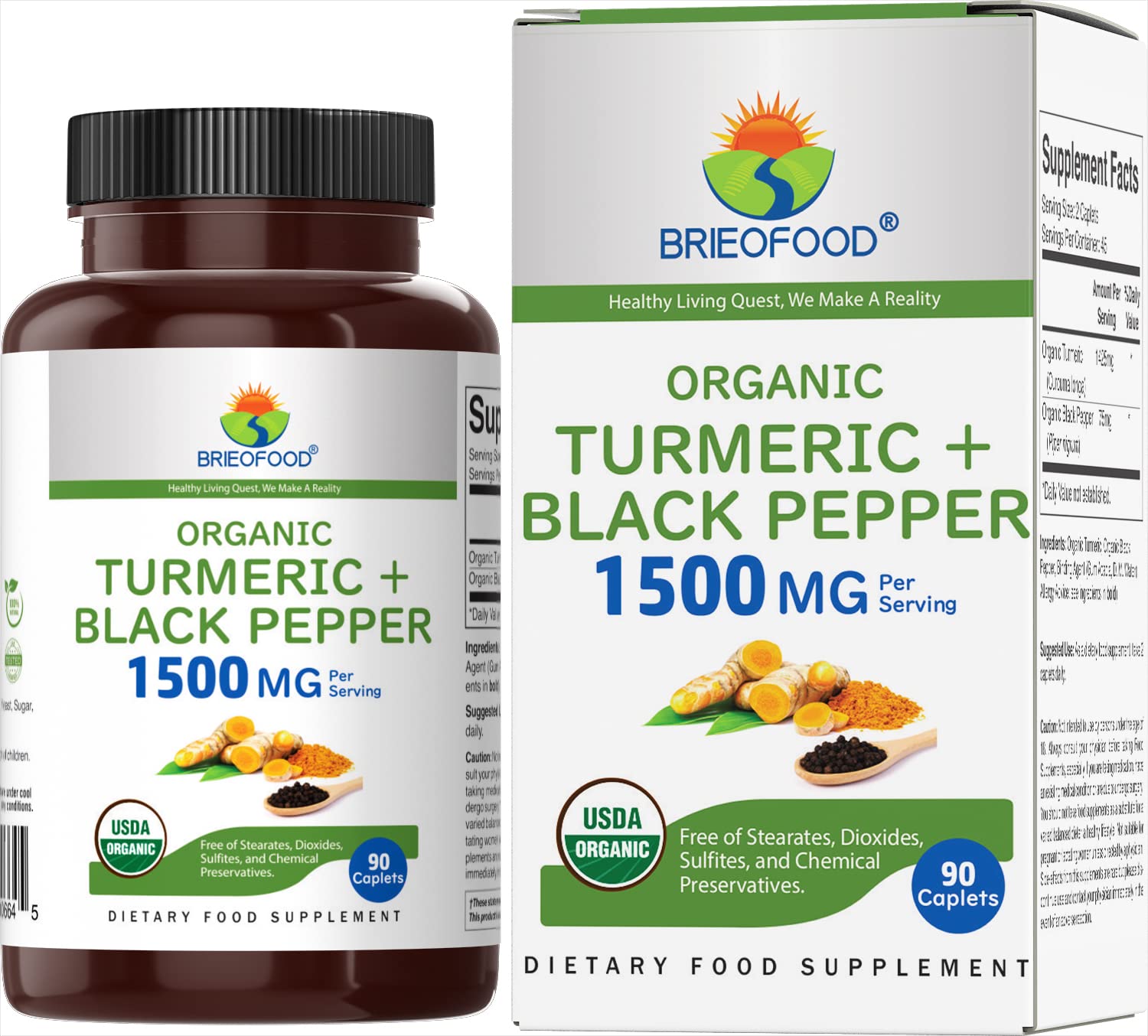 Brieofood Organic Turmeric with Black Pepper 1500mg, 45 Servings, Vegetarian, Gluten Free, 90 Vegetarian Tablets 90 Count (Pack of 1)