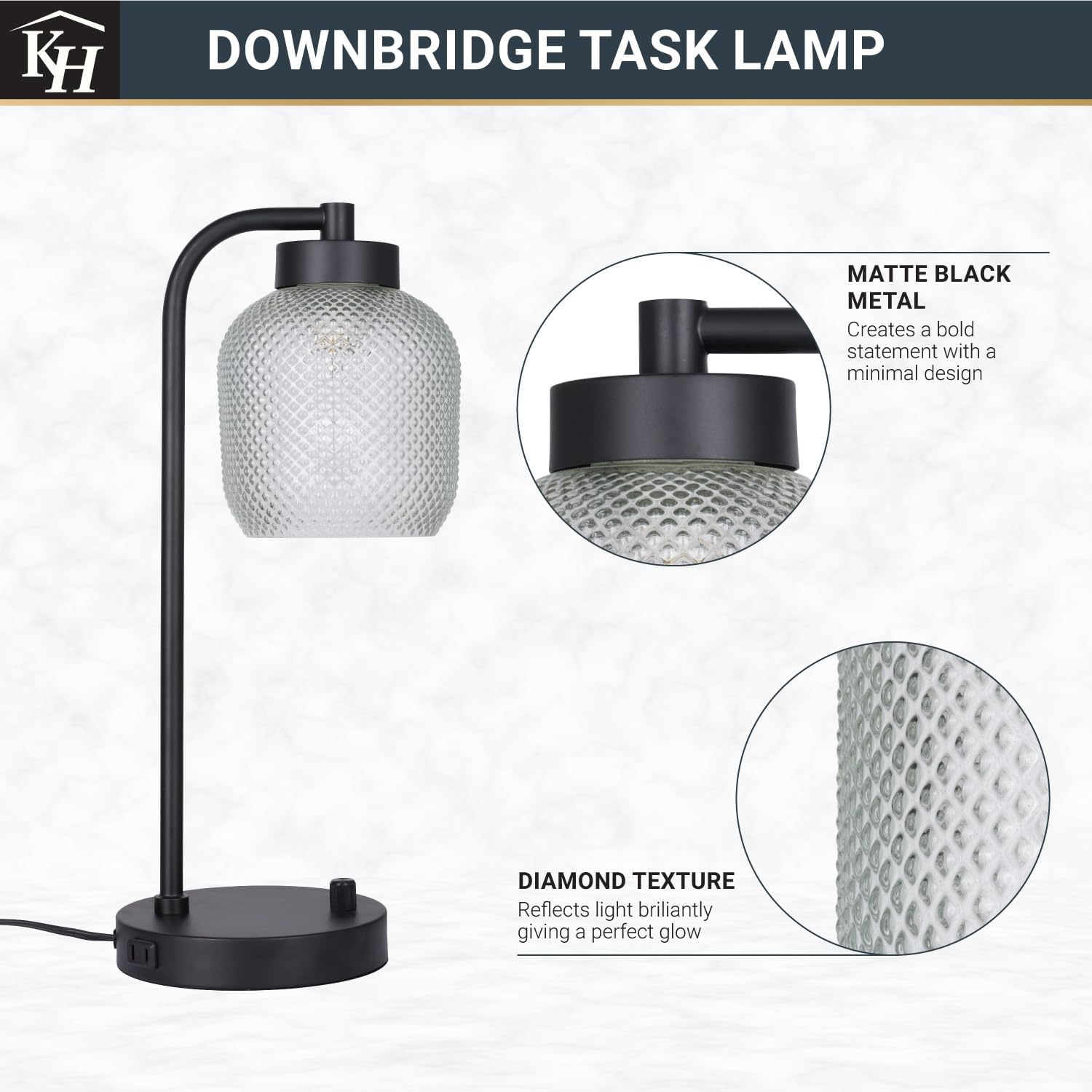 Kenroy Home Prismatic Glass Downbridge Black Desk and Task Lamp with Adjustable Arm and Energy-Efficient Lighting for Home Offices, Workspaces, and Study Areas