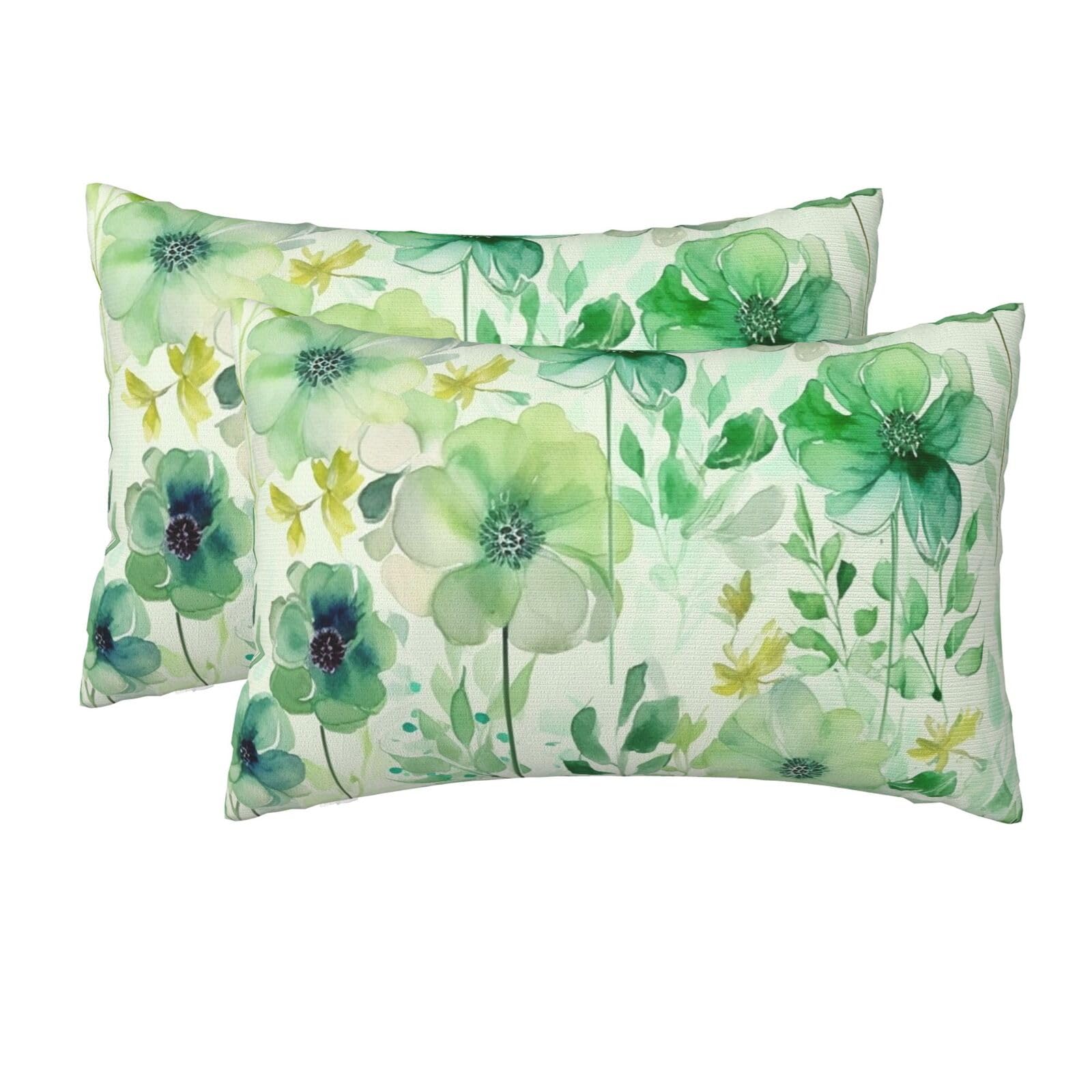 2 Pack Queen Size Pillow Cases for Hair and Skin Soft Breathable Pillow Case Covers with Hidden Zipper Watercolor Green Flowers Pillowcase 20x30 Inches Pillow Cover for Sleeping Gift