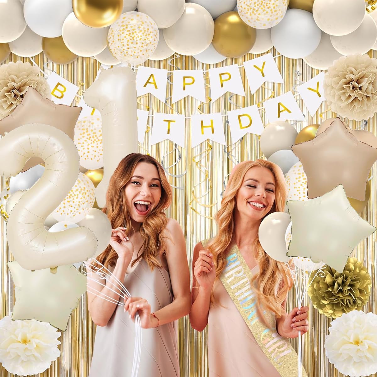Happy 21st Birthday Decorations For Her, Beige 21 Balloon Number 40 Inch, White Happy Birthday Banner, 21st Birthday Balloons For White And Gold Birthday Decorations image 3
