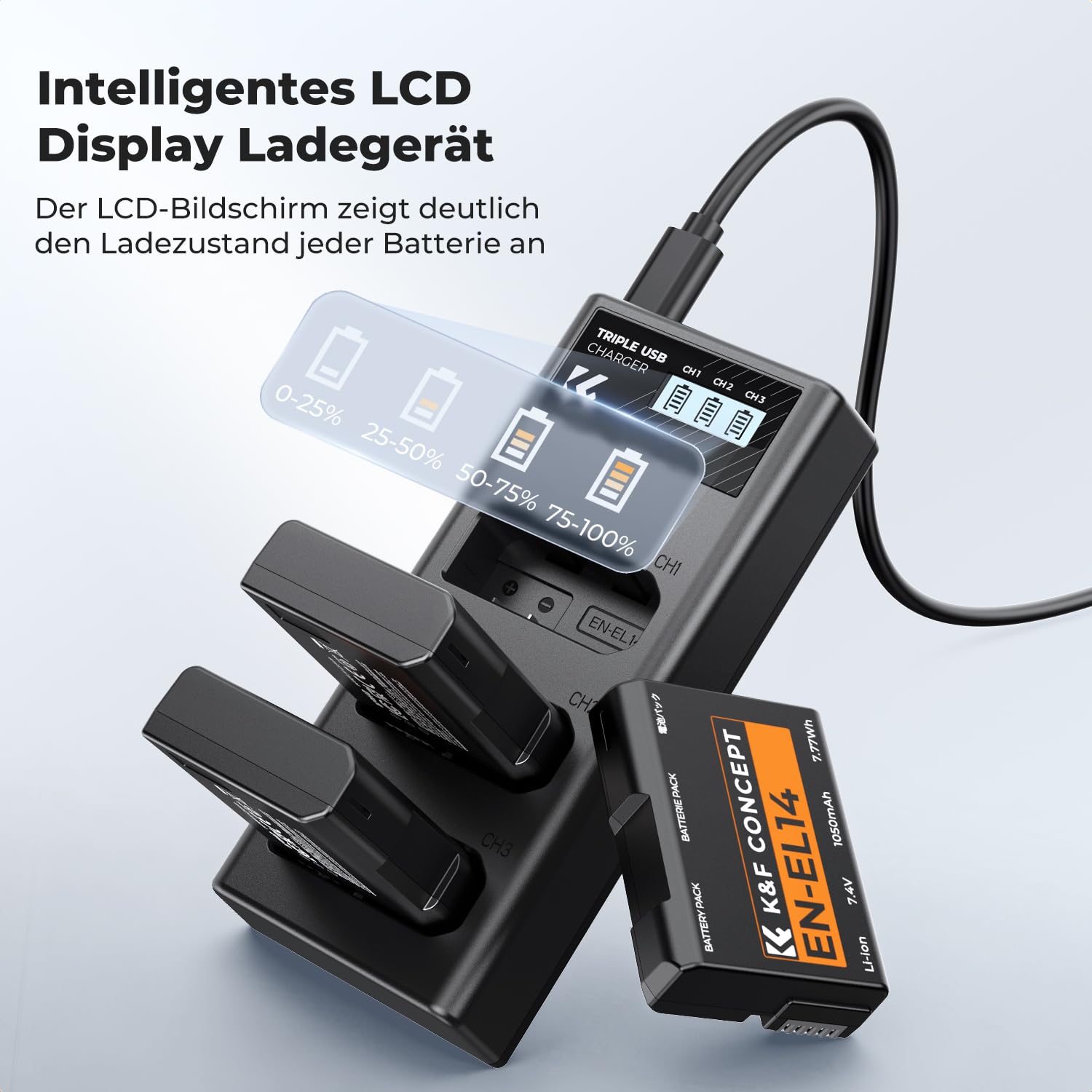 K&F CONCEPT 3er-Pack EN-EL14 EN -EL14a Akku und Upgrade-LCD-Ladegerät Kompatibel mit Nikon D5300 D5600 D5100 D5200 D5500 D3100 D3200 D3300 D3400 D3500 Coolpix P7000 P7100 P7200 P7700 P7800 Kameras