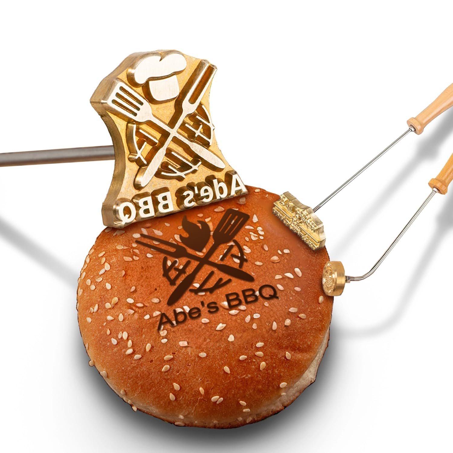 STAMTECH Personalized Branding Iron for Burger-Custom Logo Branding Iron with Straight or Curve Handle,Personlized Brass Stamp for Burger,Steak and Cake