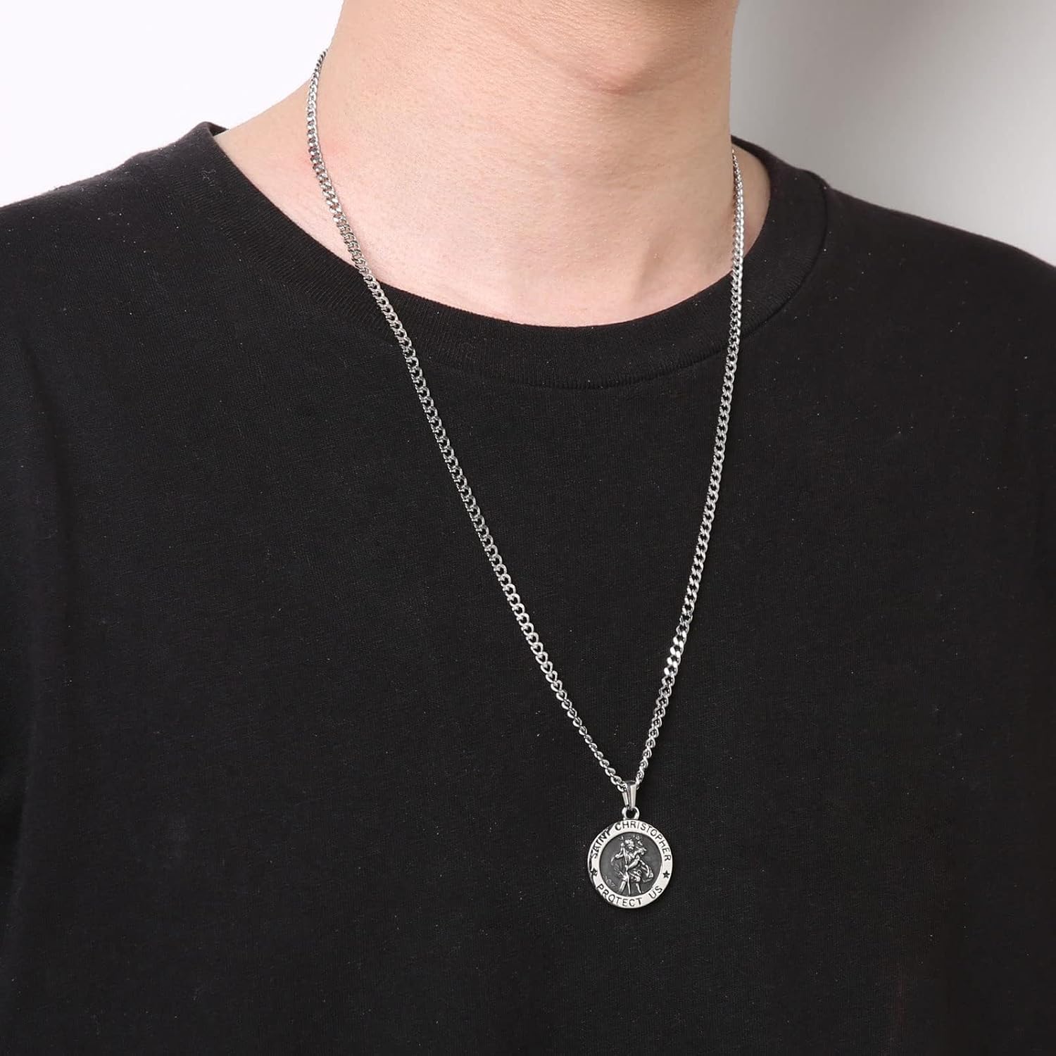 HZMAN Saint Christopher Necklace for Men Women Stainless Steel Round Retro Religious Medal Amulet Pendant Jewelry Gift - Image 2