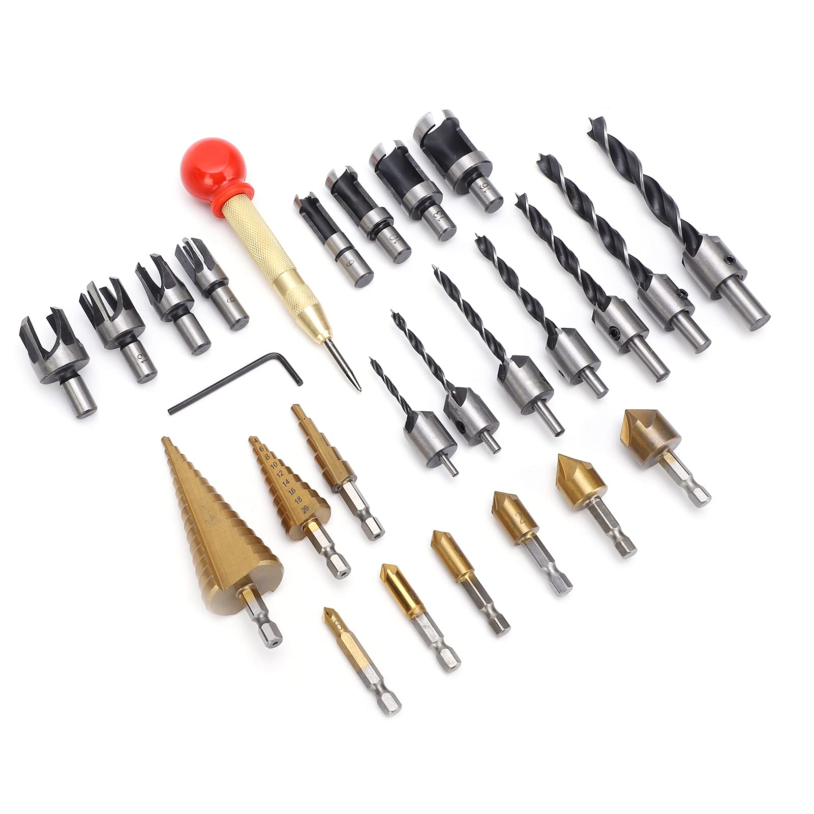 Herramientas de perforación de chaflán para carpintería, kit combinado de 26 brocas avellanadas de tres puntas, llave en L, 8 cortadores de tapones de madera, broca de 3 pasos, perforadora central