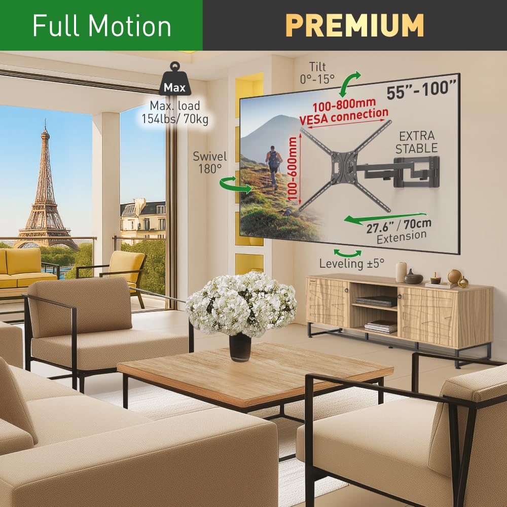 Barkan Soporte TV de Pared 70cm de Largo Brazo Doble, Inclinable y Giratorio, Articulado, para Pantallas de 55-100 Pulgadas, Peso máximo 70Kg, Extra Estable, para LED OLED LCD, hasta VESA 800x600
