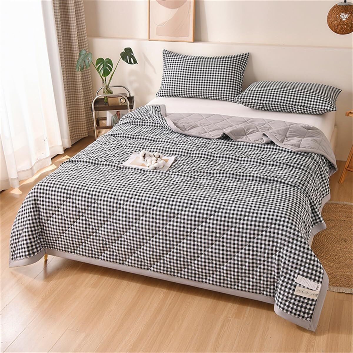 VUIKLCty Retro Checked Quilted, Reversible, Soft And Lightweight Bedspread (duvet Only)(Schwarz,180x200cm)