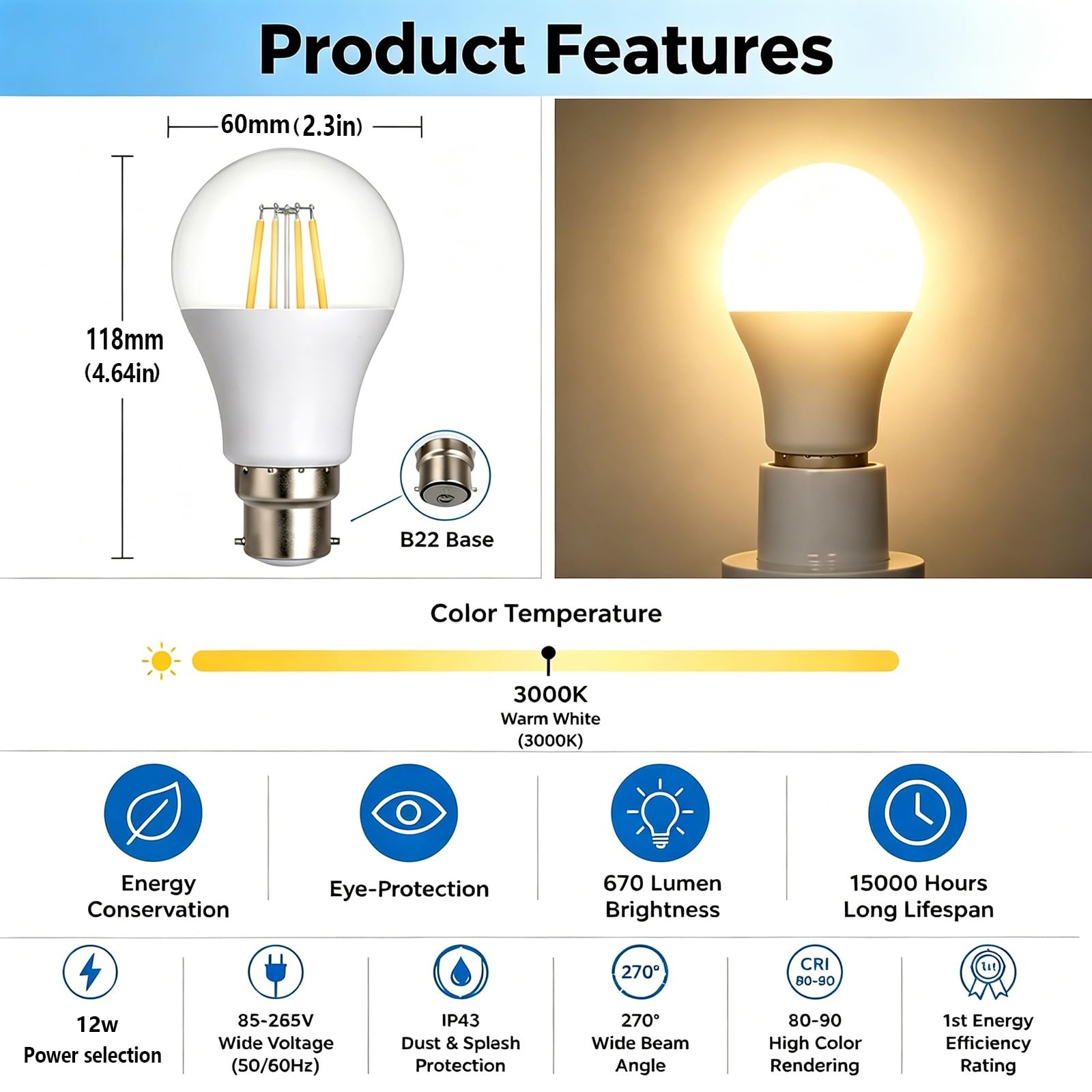 Bombilla LED B22 Blanco Cálido 3000K 12W (Equivalente 120W) Sin Parpadeo Ahorro de Energía IRC>80 No Regulable para Salón Dormitorio Cocina Araña y Lámpara de Mesa(9 Pack)