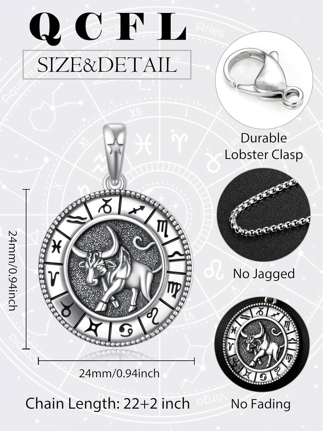 Zodiac Necklace For Men 925 Sterling Silver With 22'+2' Rolo Chain,Gift For Men Husband Friend Brother
