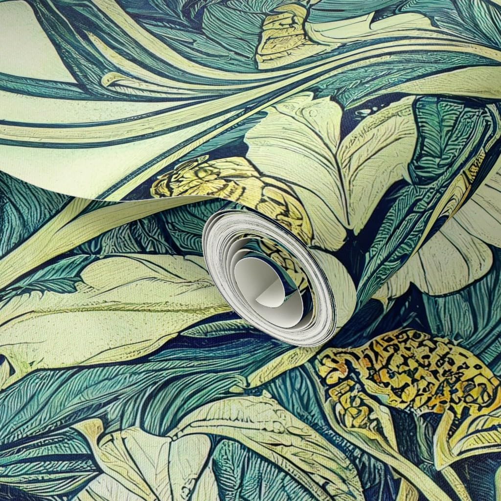 Spoonflower Peel & Stick Wallpaper Swatch - Art Nouveau 1920S Teal Green Cream Floral Vines Elegant Garden Botanical Custom Removable Wallpaper