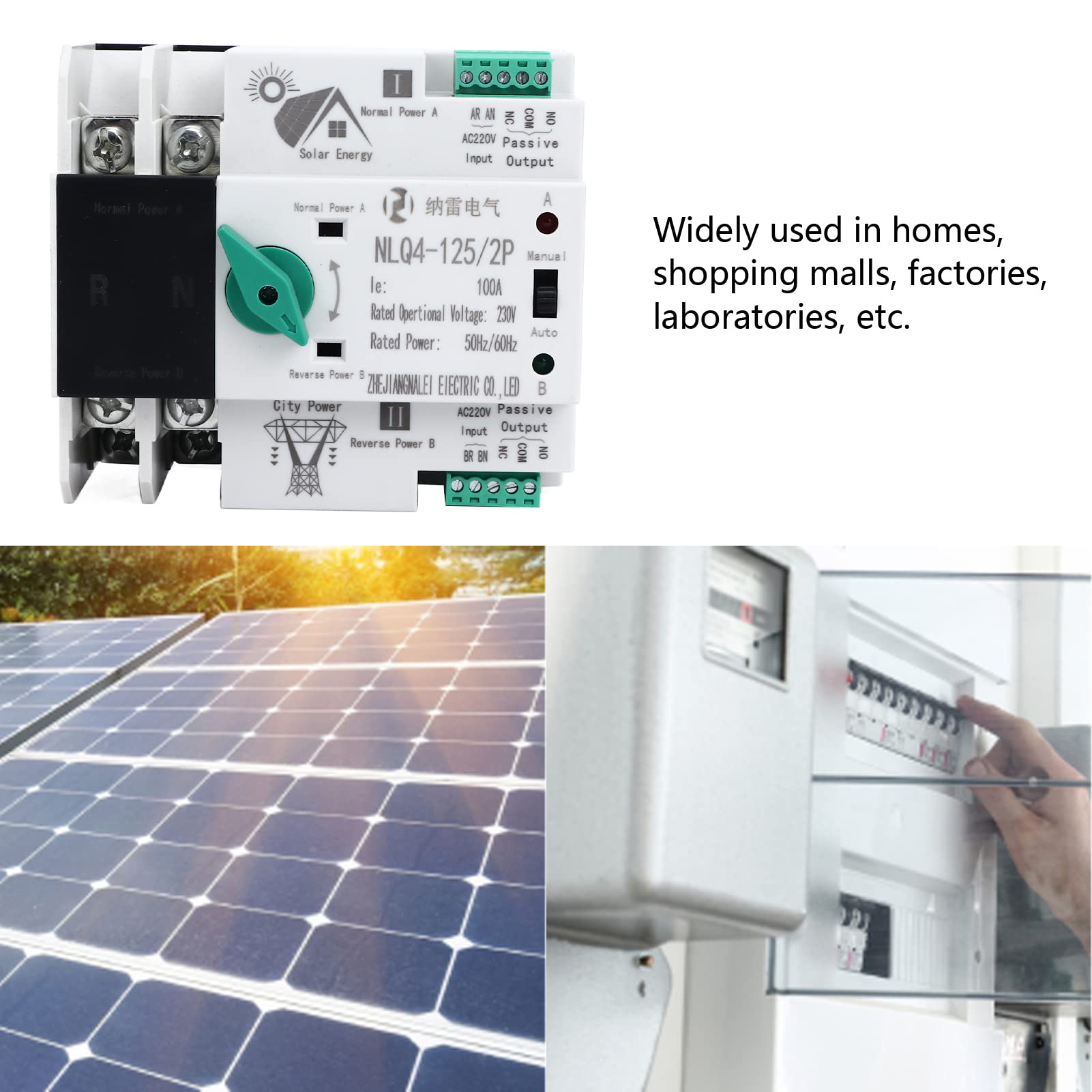 Commutateur de transfert automatique à double puissance, commutateur de transfert de puissance de distribution d'alimentation secondaire 230V AC 100A NLQ4-125, pour Home Factory