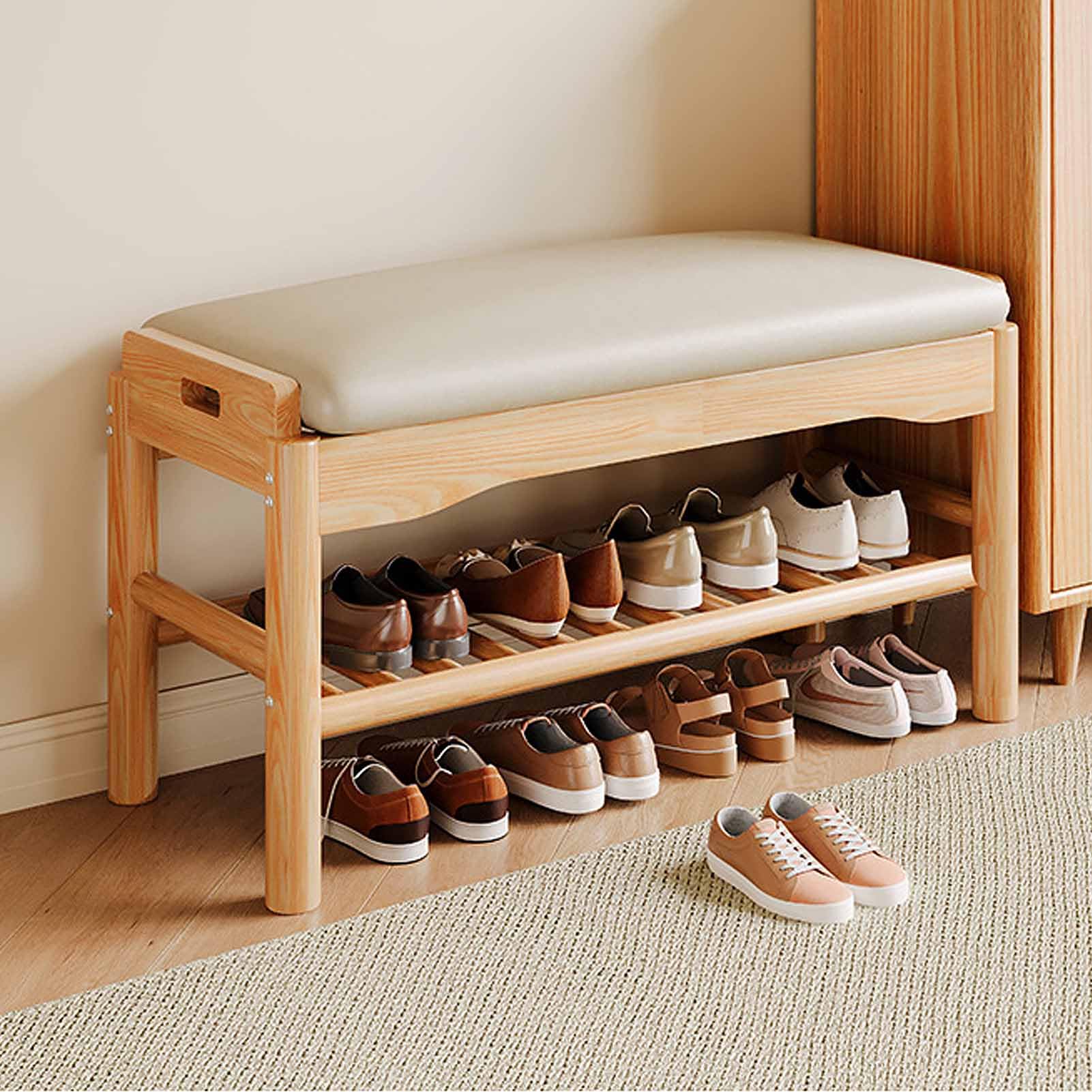 Banc à chaussures meuble de rangement en bois massif à 2 niveaux entrée
