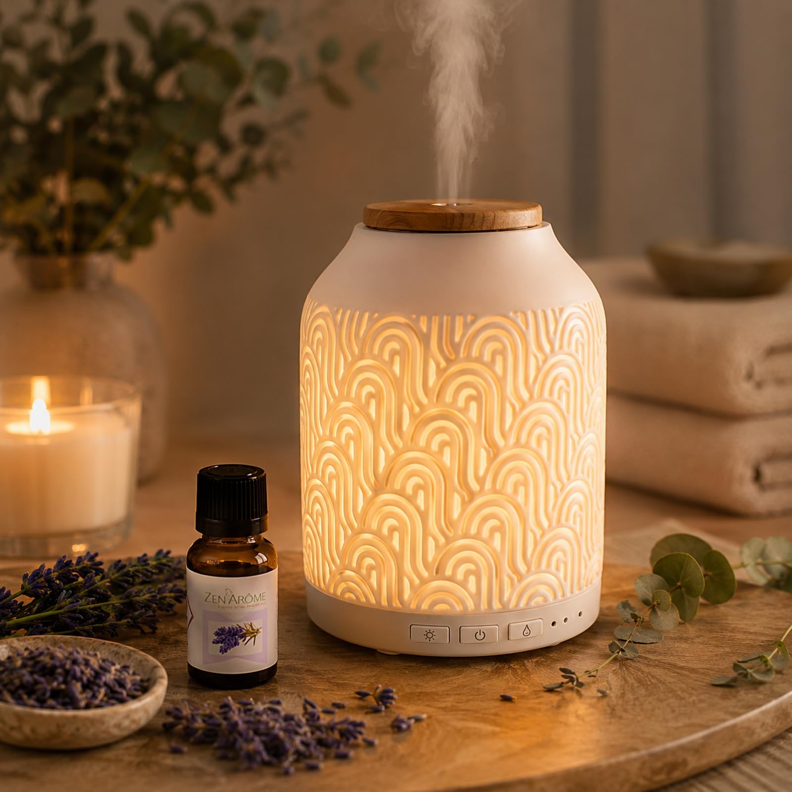 Zen'Aroma Difusor de Aceite Esencial WiFi Praga - Difusor Eléctrico Conectado Compatible Alexa/Google Home - Control Total Remoto en la App Tuya Smart - Materiales Naturales Madera y Cerámica
