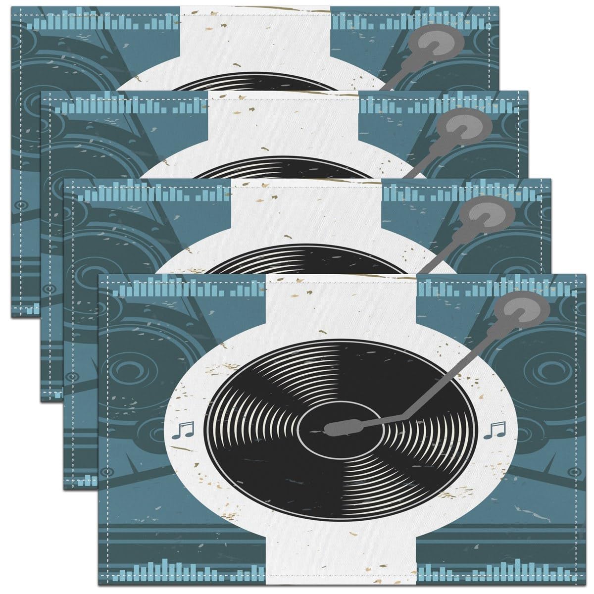 Music Disc Table Mats Placemat Musical Decor Table Place Mats Kids Adults Vintage Placemats Set of 4 Colorful Music Disk Blue Black Kitchen Dining Table Decor 45X30cm