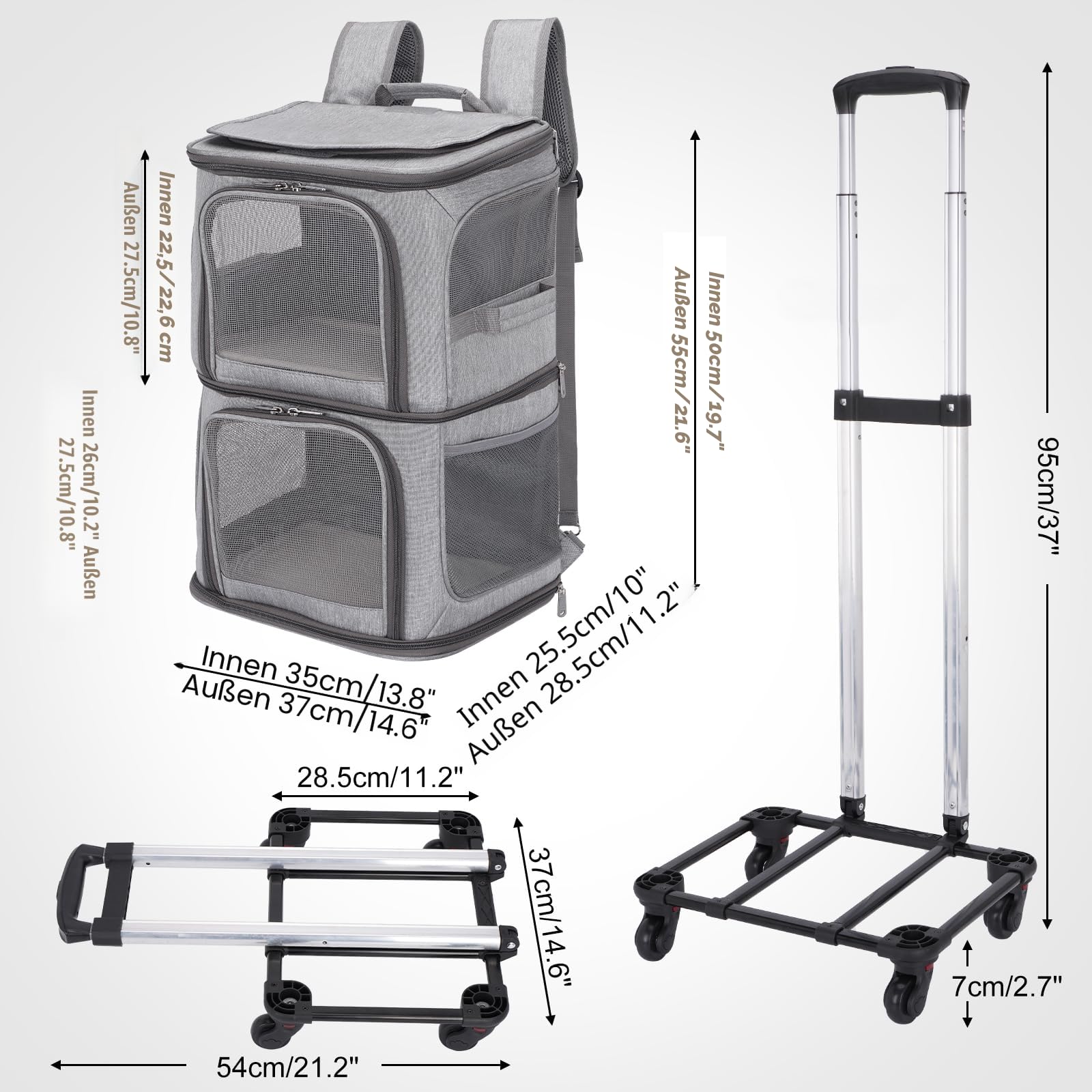 Katzentransportbox für 2 Katzen mit Rollen, transportboxen für 2 Katzen bis 12kg, Faltbarer Katzentransporttasche für 2 kleine Hunde/Kaninchen, Grau