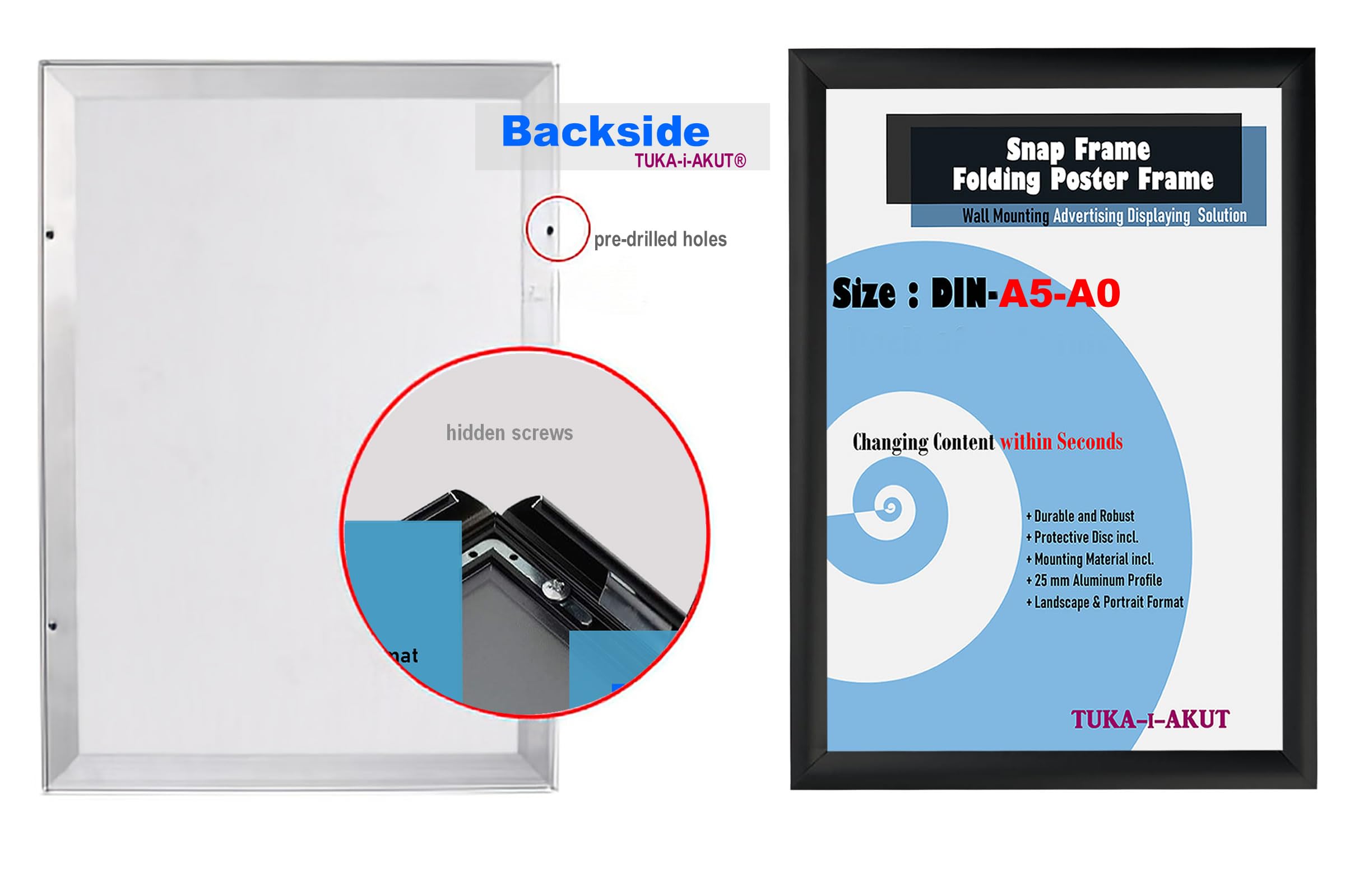 TUKA-i-AKUT 5x A4 Marcos Plegables de Aluminio, Marco para Carteles Póster Fotos con Aluminio Perfil de 25 mm, Clic Sistema y Material de Fijación, Marco Intercambiable Color Negro TKD8420-A4-5X