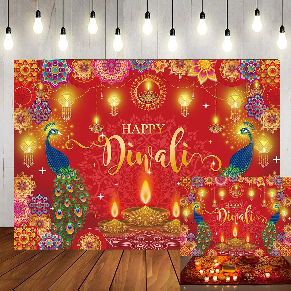 Happy Diwali Banner Diwali Hintergrund für indische Lichterdekorationen, Deepavali, indische Diwali-Party, Outdoor, Zuhause, Wand, Fotoshooting, Requisiten (2,4 x 1,8 m)