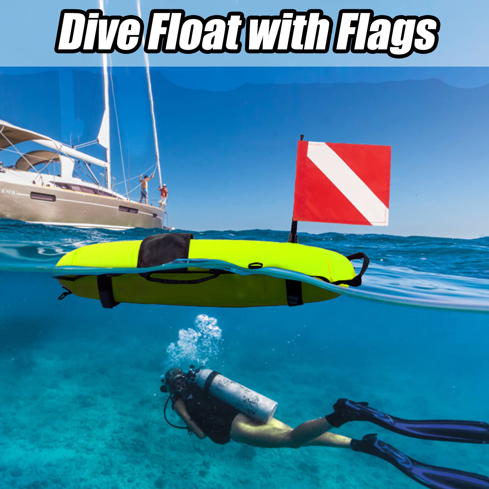 Pluzluce Inflatable Diving Safety Surface Marker Buoy, Diver Down Torpedo Buoy, High Visibility Signal Float with 2 Dive Flags, Diver Down Flag + Alpha Flag for Scuba Diving, Spearfishing Yellow