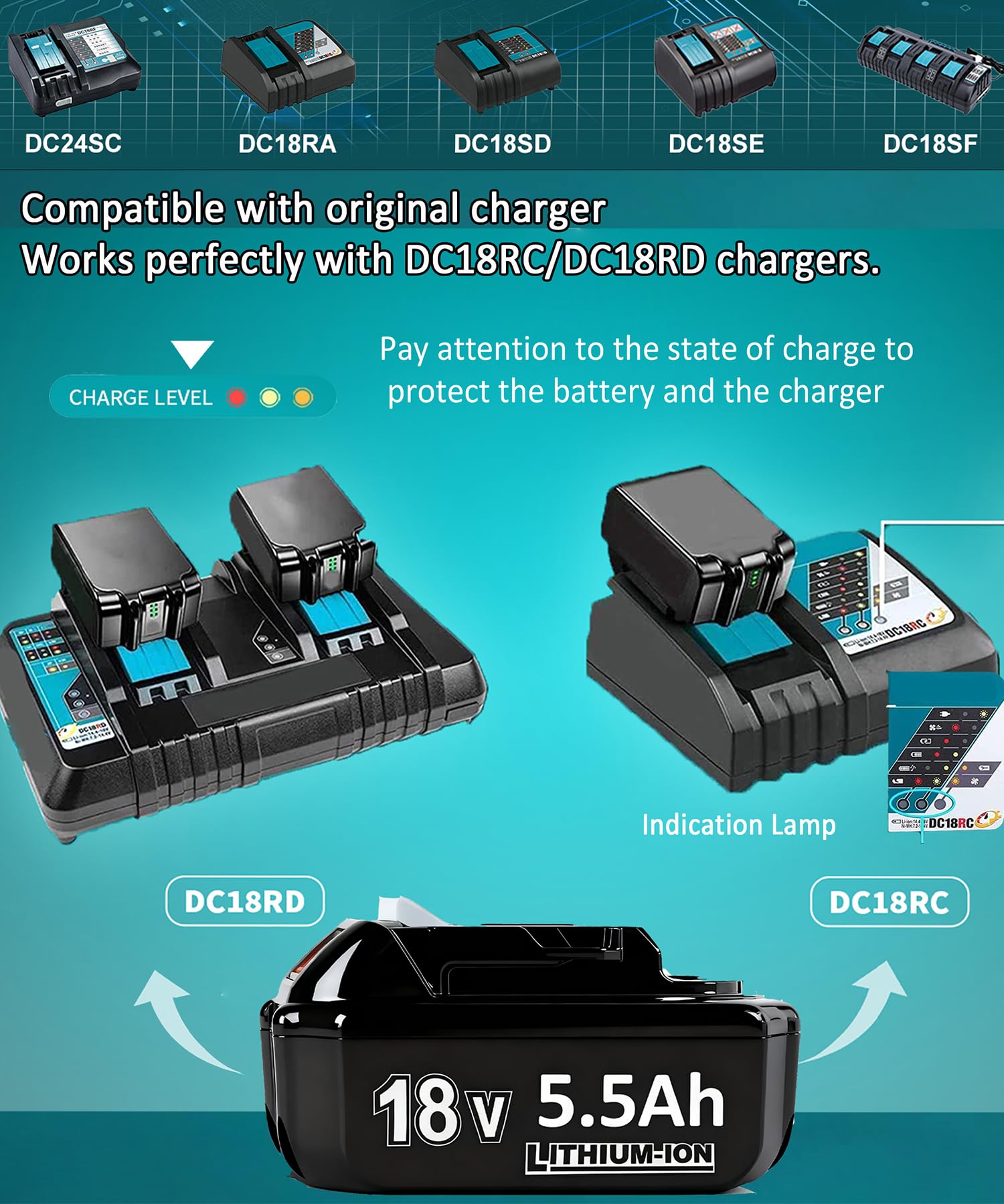 2 batterie sostitutive da 18 V, 5,5 Ah/5500 mAh, per BL1860B BL1850B BL1840BL1860B BL1845 BL1850 BL1835 BL1830 BL1815 194205-3 con batteria per attrezzi a LED