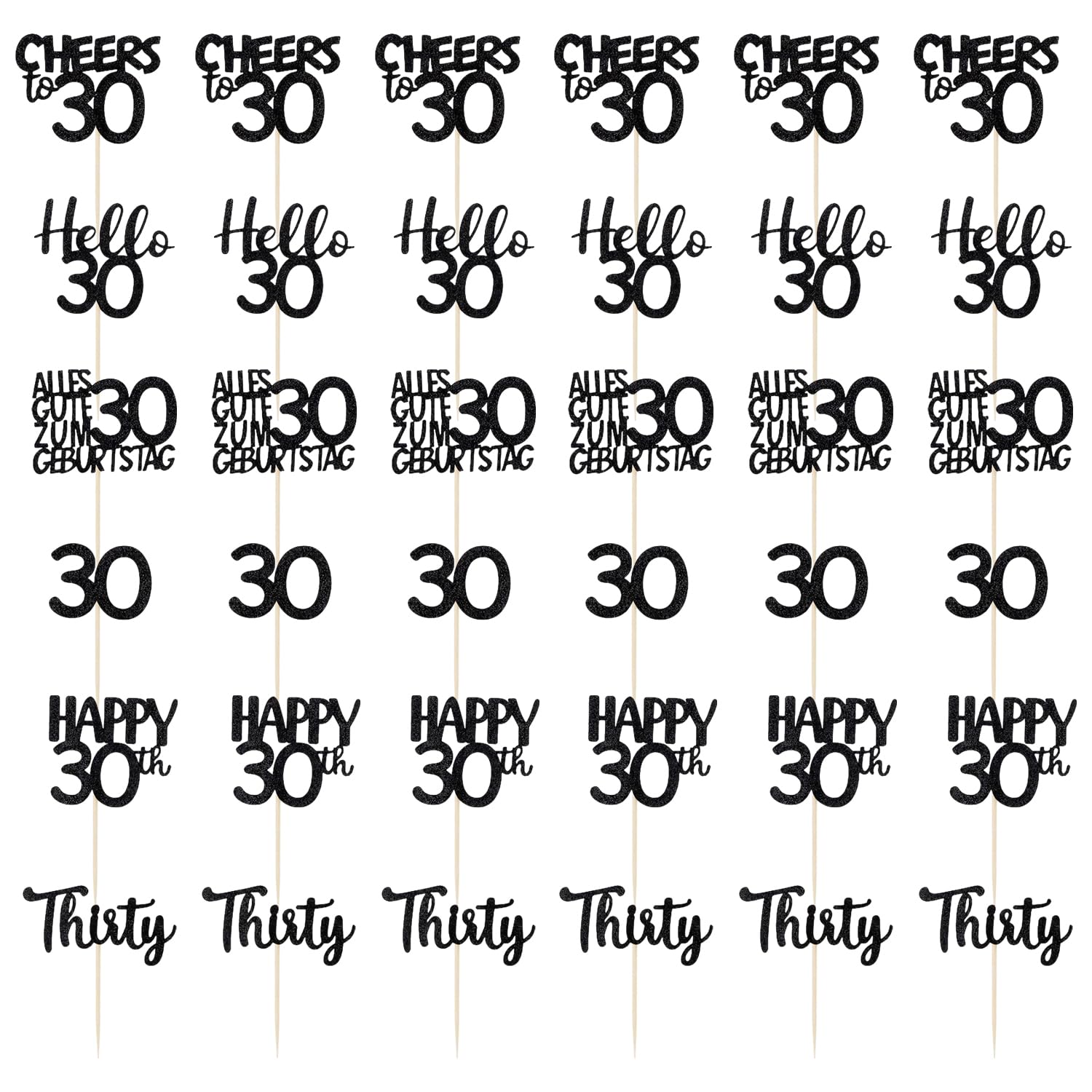 Mxghwg Black 36 Pieces Of German 30Th Birthday Placards, Birthday Cake Decoration Plug-Ins, Anniversary Atmosphere Layout Accessories, Suitable For Cupcakes, Desserts, Etc.