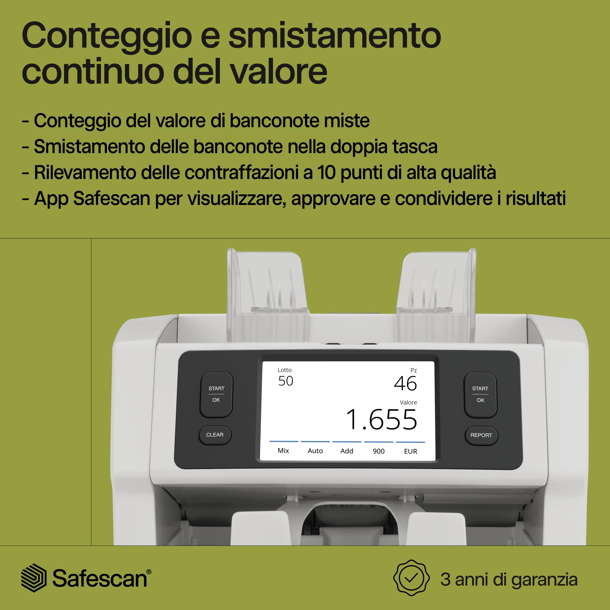 Safescan 2985-SC Contabanconote che conta il valore e ordina le banconote miste - Contabanconote con rilevatore di denaro falso a 10 punti - Contasoldi con l'app gratuita Safescan