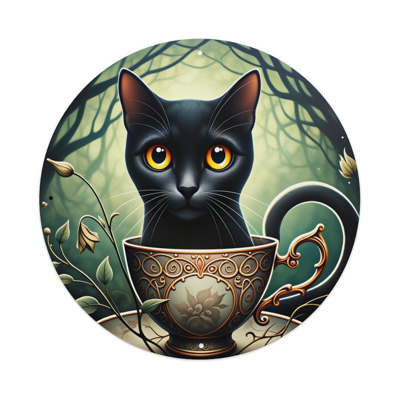Black Cat In Tea Cup Round Tin Sign Vintage Style Metal Sign Home Bar Garden Wall Plaque Decor Metal Poster 8x8 Inch