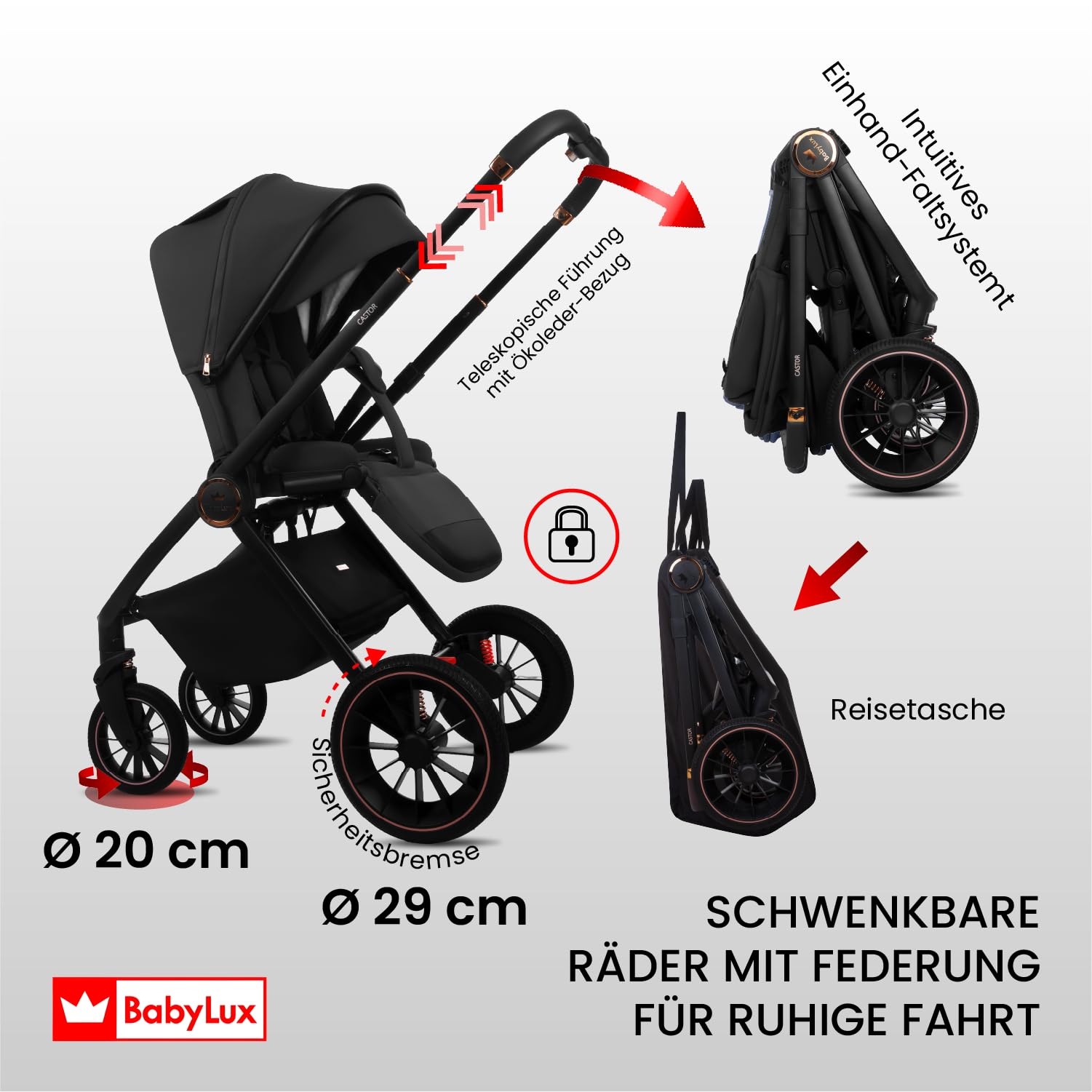 BabyLux® Kinderwagen 4in1 Set CASTOR, Faltbar Leicht Kombikinderwagen Set | incl. Babywanne, Reisebuggy, Kindersitz i-Size, Auto Basisstation, 4 Liegepositionen, 0-22kg, UV Schutz 50+, Vollgummireifen