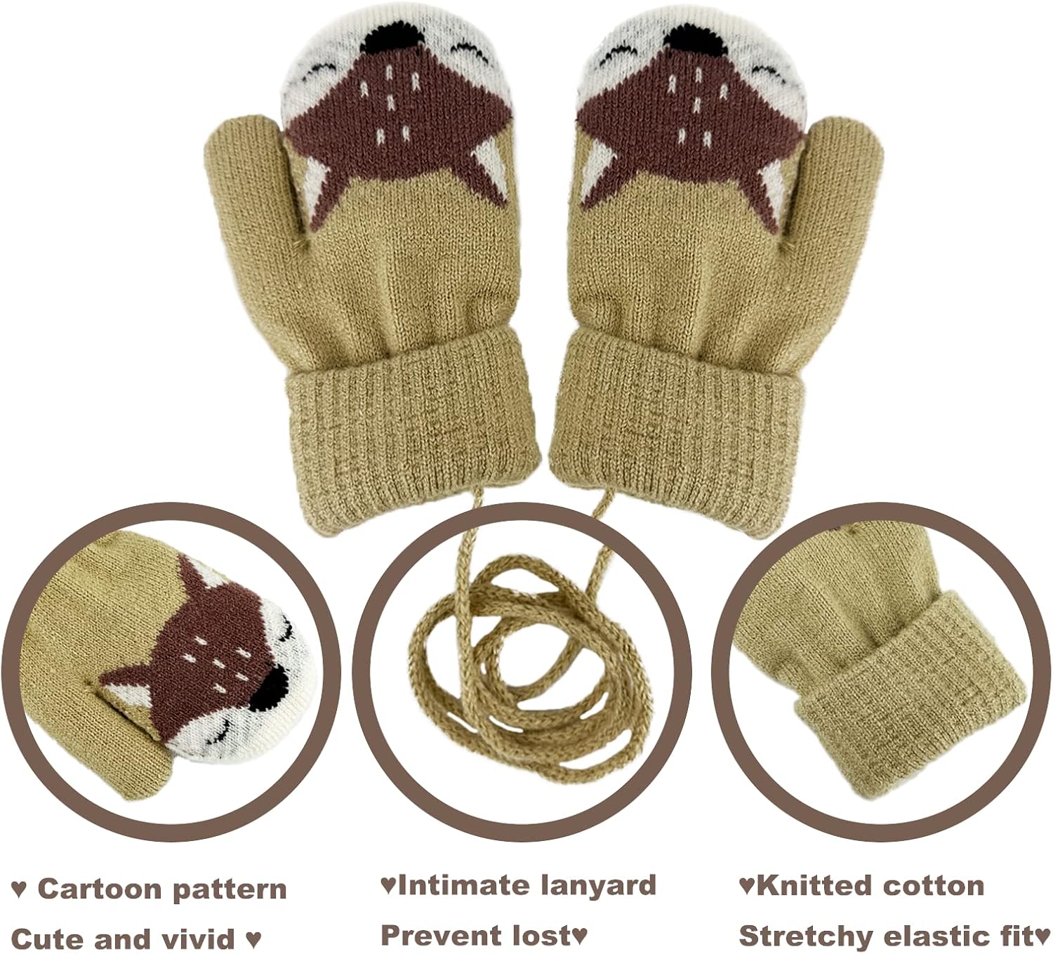 Toddler Kids Winter Warm Thick Knitted Gloves Fleece Lined Full Finger Mittens with String for 1-3 Years Kids - Image 2