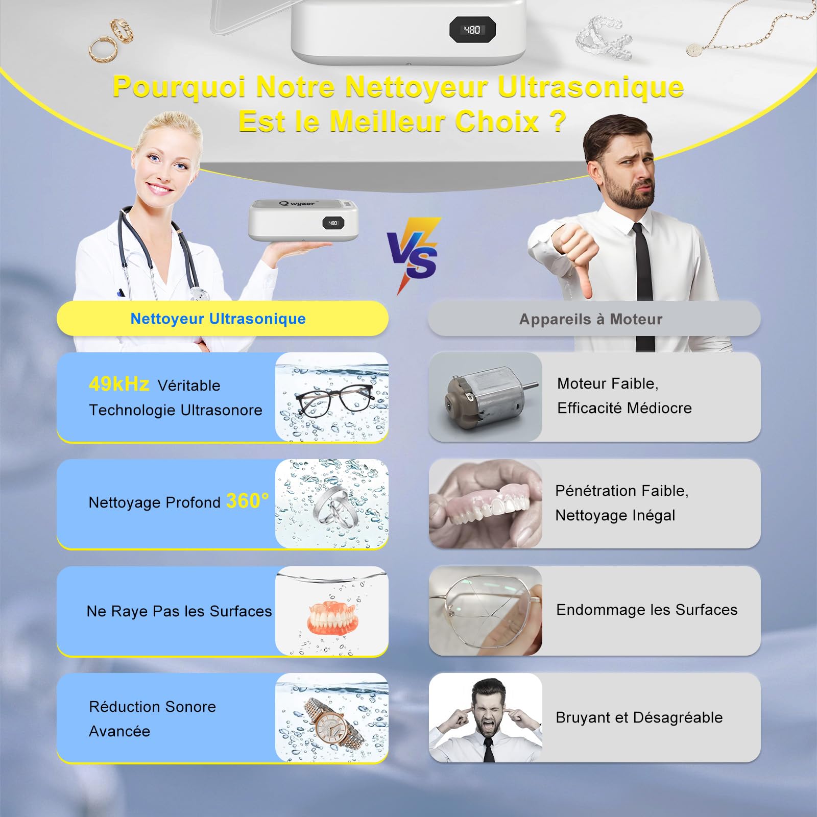 Nettoyeur Ultrasons, 640ml Bac a Ultrason, 49000Hz ultrasonic cleaner avec Écran Numérique, 5 Modes de Nettoyeur Ultrason Bijoux pour Lunettes, Dentiers, Montres, Collier, Monnaie (Bleu) (White)