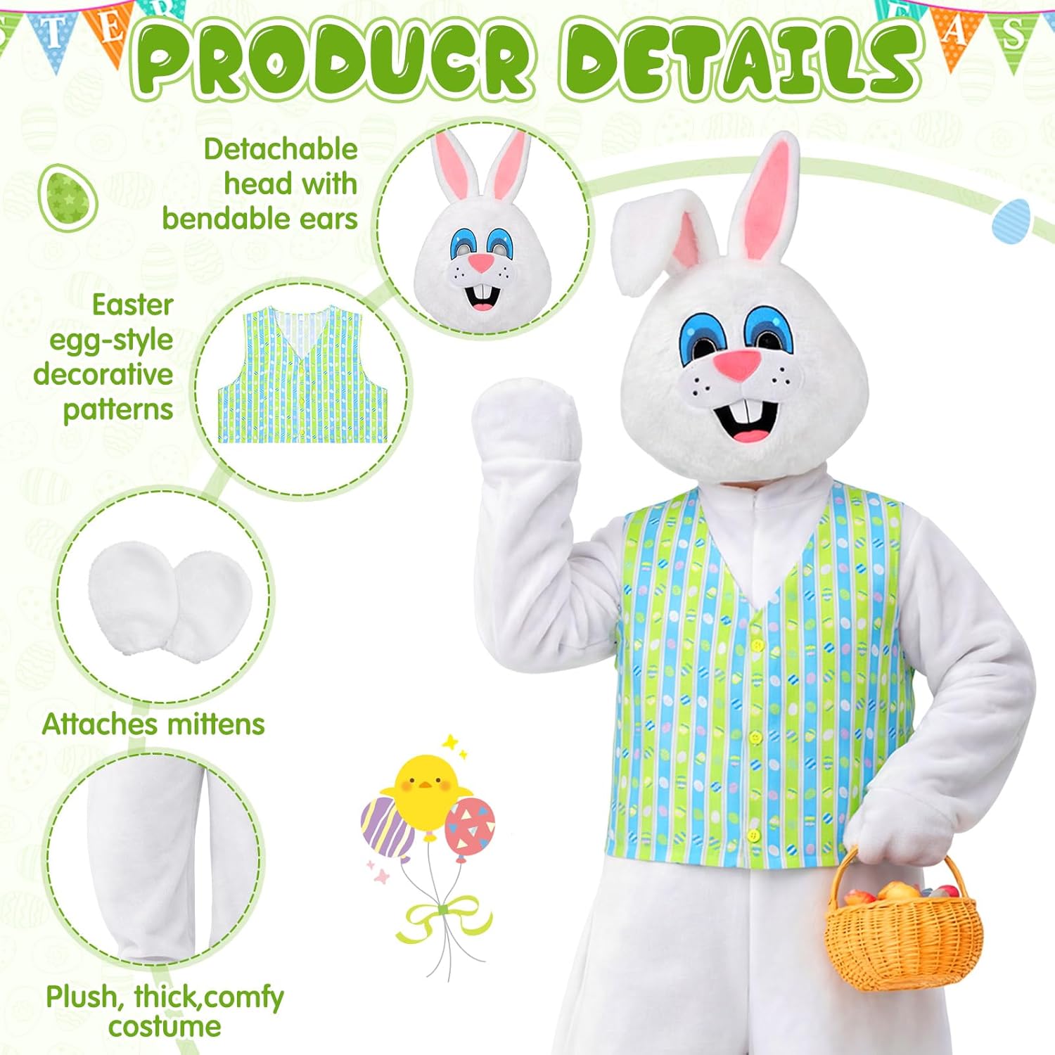 Shihanee Easter Bunny Mascot Costume Adult Easter Rabbit Costume Suit with Vest Headpiece Bunny Dress for Party Cosplay