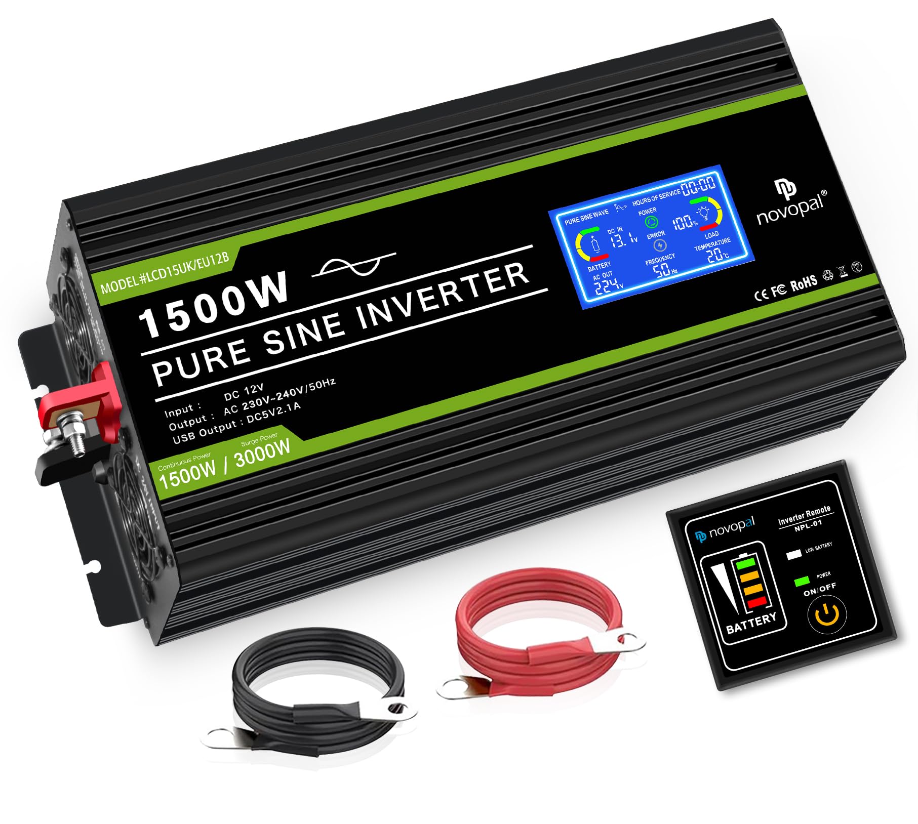 KRIPOL Inverter Onda Sinusoidale Pura 3000 Watt 12V DC A 220/230V AC Inverter Potenza Per Auto Con 2 Prese Ca 1 Usb 2 1ah Telecomando Senza Fili E Display A Led Potenza Di Picco 6000 Watt