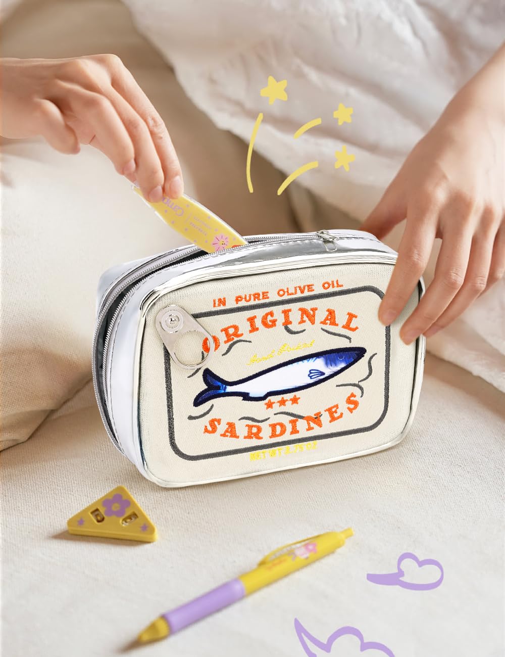 Cessfle Canned Sardines Makeup Bag Embroidered Canvas Cosmetic Pouch