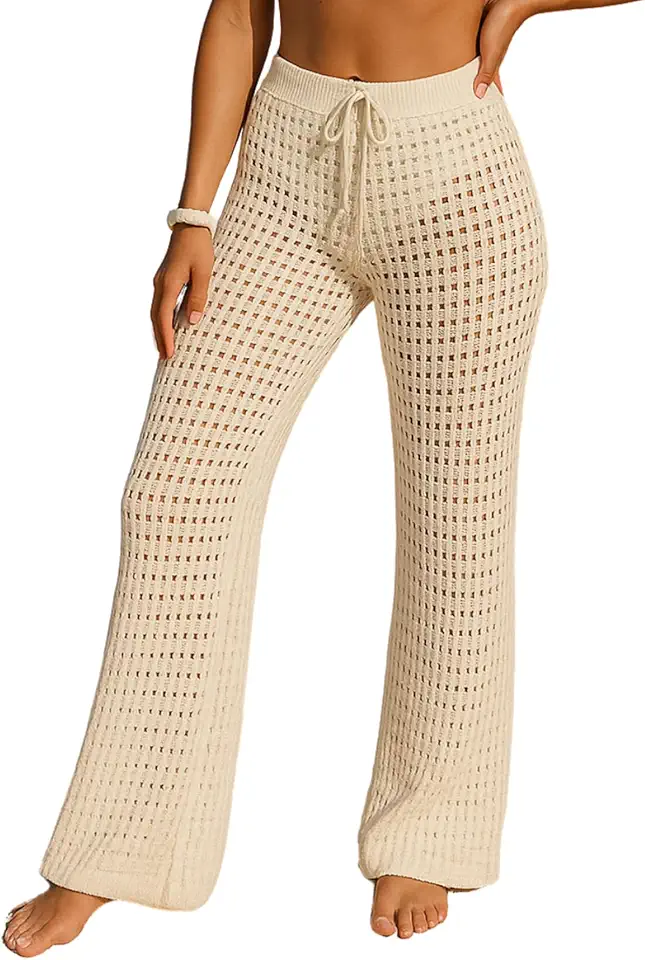 Saída De Praia Calça Tricot Crochê Pantalona Alto Verão Cintura Alta Moda Feminina