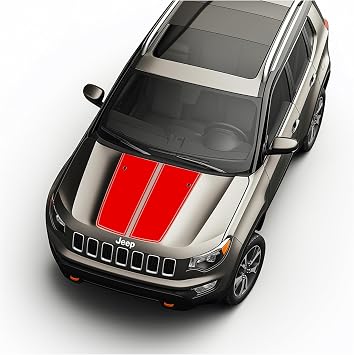Hood Blackout Dual Stripes Decal Graphics Racing Stripes Vinyl Stickers Compatible with Jeep Compass 2014-2023 Style 4, Gloss Black Red